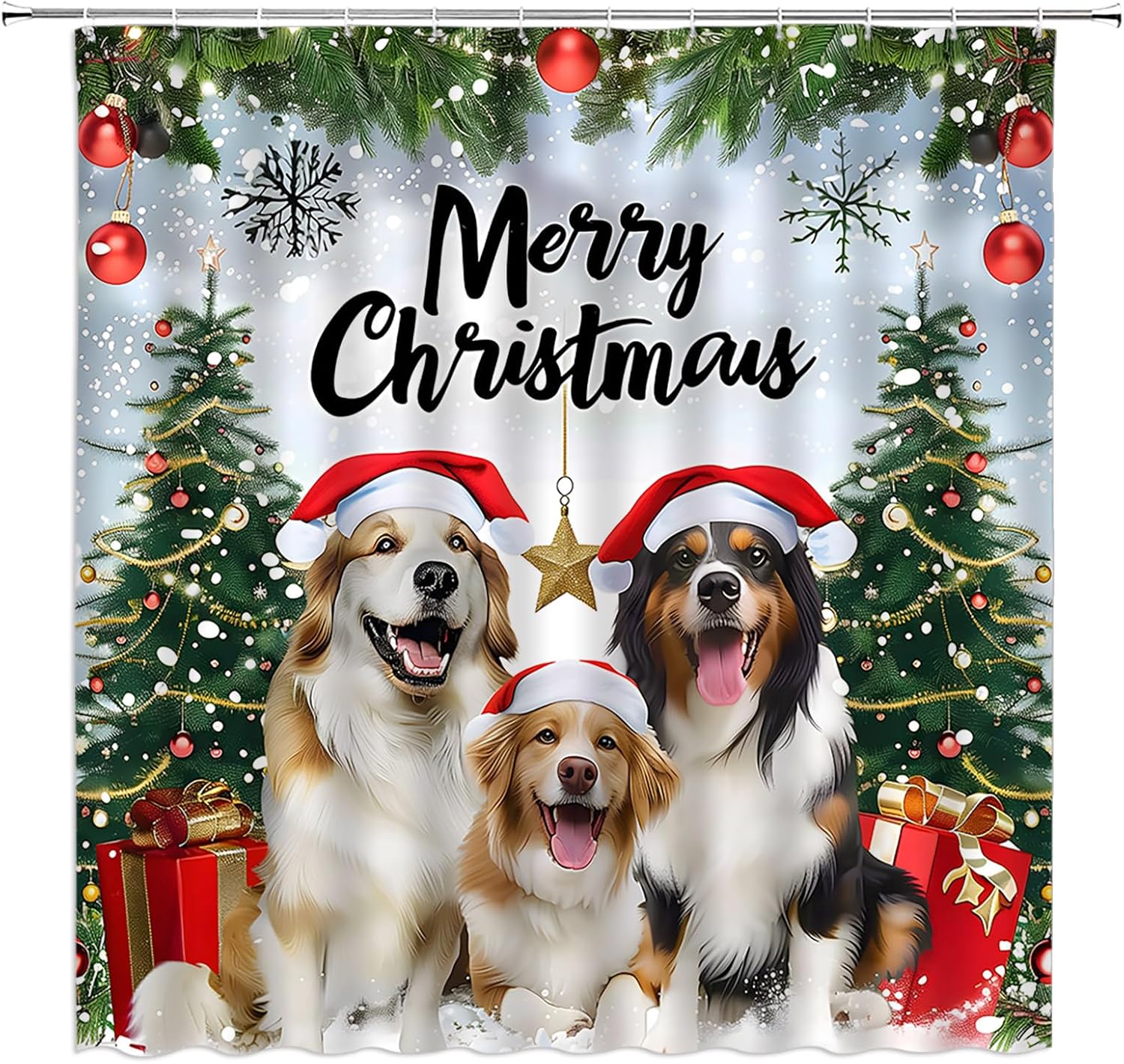 Christmas Extra Long Shower Curtain Dog Green Xmas Tree Twigs Ball Snowflake Funny Animal Winter Holiday Fabic with Hooks for Bathroom Decor,70x78 Inch