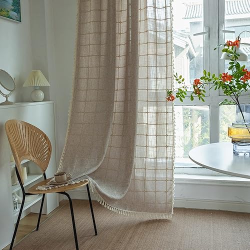 Miniatura 85 de Deeprove Cenefa Bohemia Blanca con Borlas para Decoración de Cocina y Cafetería, Cortinas Cortas de Algodón y Lino Crema Estilo Bohemio Rústico,