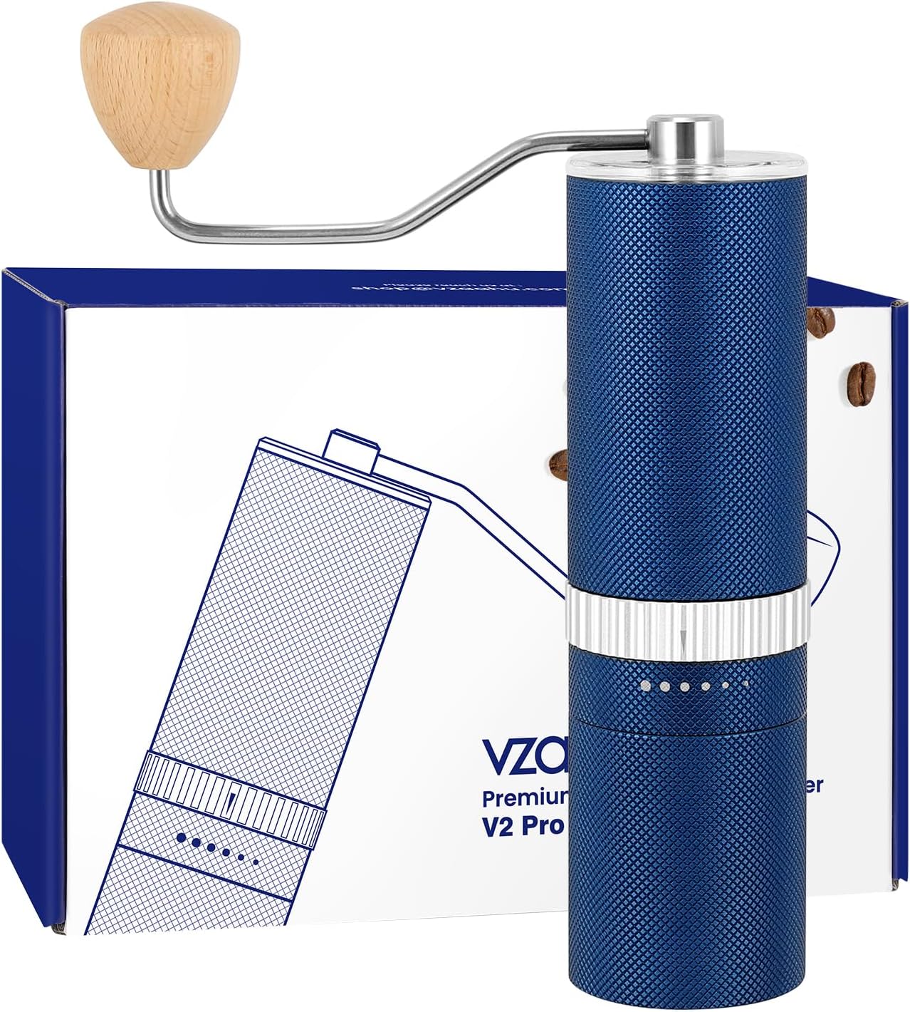 Vzaahu Manual Coffee Grinder,External Adjustable Coarseness 6 Level,CNC Stainless Steel Conical Burr Core,Color Blue,Diamonds Aluminum Alloy Body,Beech Bandle 9 813aXA I4EL. AC SL1500
