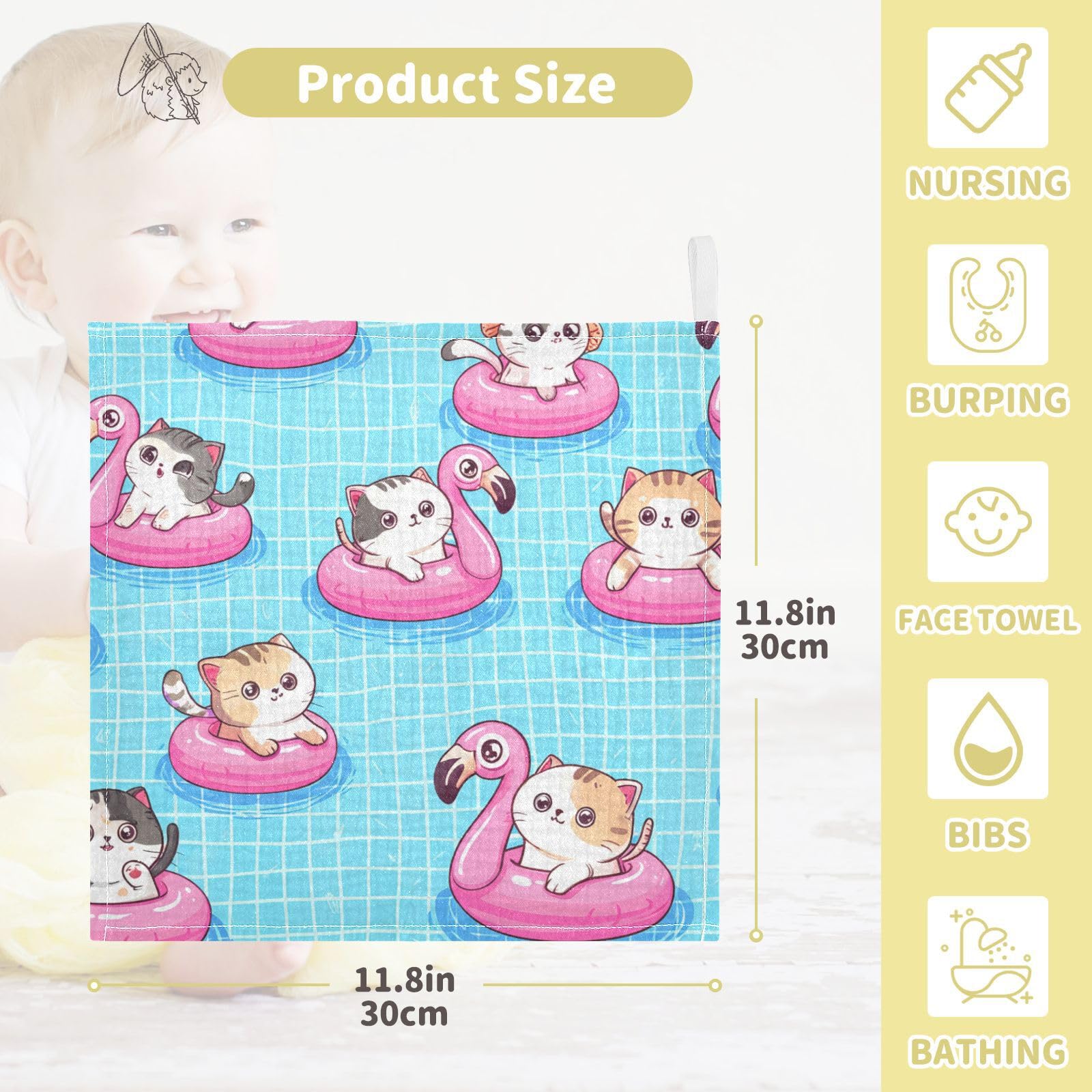 Kigai Cute Colorful Cartoon Cats Baby Washcloths,3pcs Ultra Soft Absorbent Towel,Newborn Bath Face Towel, Natural Reusable Baby Wipes for Sensitive Skin, Baby Registry as Shower