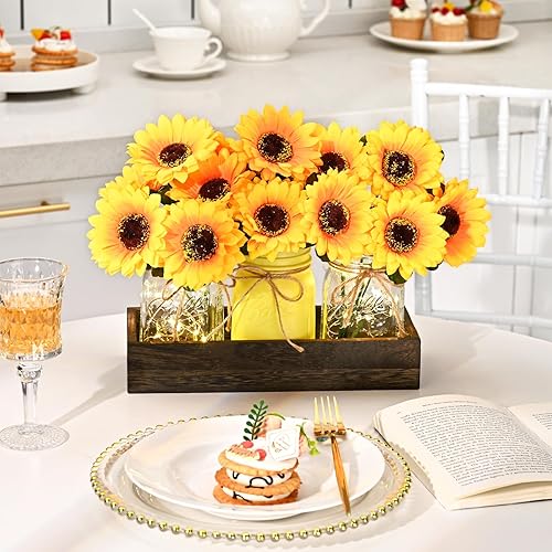 Miniatura 4 de BLEUM CADE Decoración de mesa de centro de mesa, 3 flores artificiales de girasoles en tarros Mason con bandeja de madera para mesa de comedor, mesa