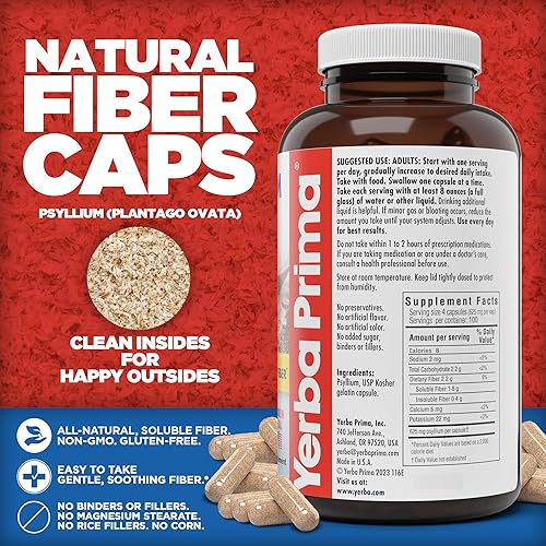 Vista 2 de Yerba Prima Cápsulas de cáscara de psyllium, 625 mg, 400 cápsulas, fibra natural para hombres y mujeres, suplemento de apoyo a la regularidad