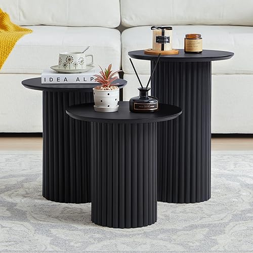 Miniatura 9 de Juego de 3 mesas redondas anidadas, mesa de café y mesa auxiliar de estilo Mid Century Modern con estrías, mesa lateral pequeña de madera circular