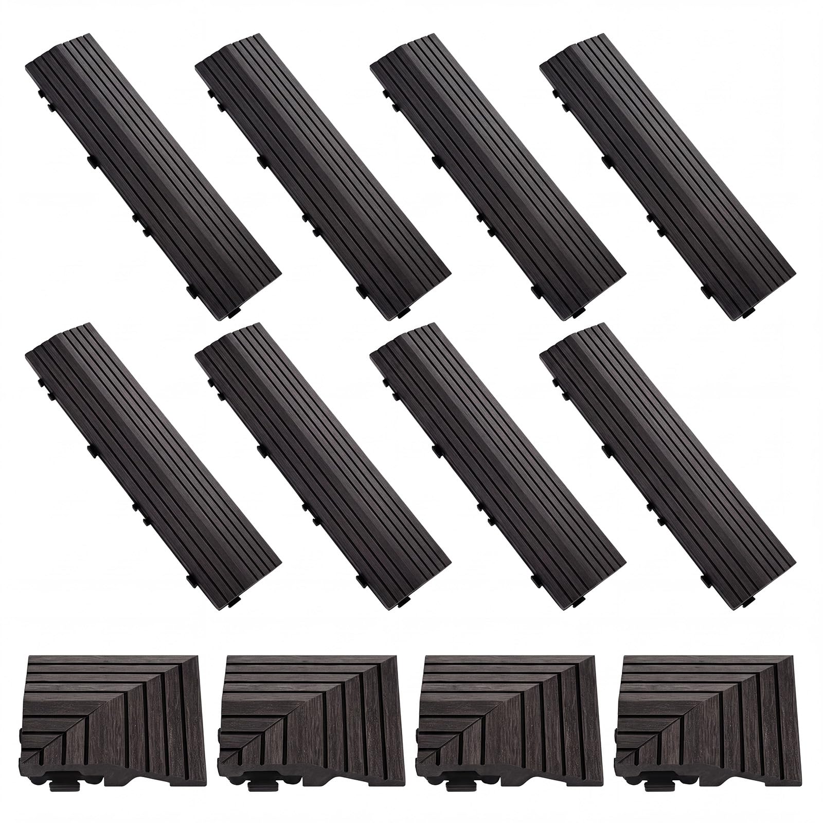 Ripeng Juego de 12 azulejos de madera negra, 8 piezas de borde recto, 4 bordes de esquina, compatibles con azulejos entrelazados de 12 pulgadas, borde de teca, fácil de instalar para pisos, azulejos