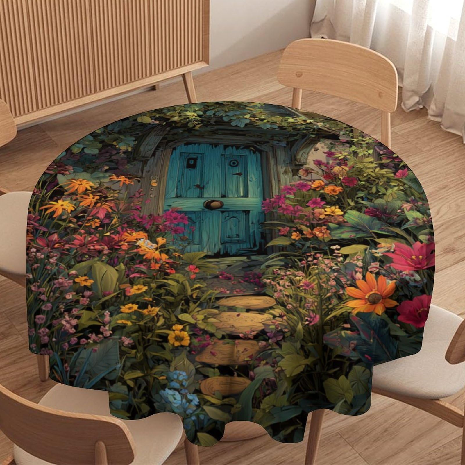 LUYYSKY Beautiful Fairy Log Cabin Door Round Tablecloth Rustic Aesthetic Spring Forest Colorful Floral Pattern Washable Decor for Table Cover for Kitchen-127 Wx127 L cm