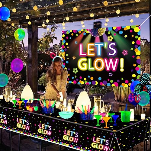 Miniatura 6 de Paquete de 4 suministros para manteles de fiesta que brillan en la oscuridad, fundas de plástico neón para mesa de cumpleaños, manteles de color