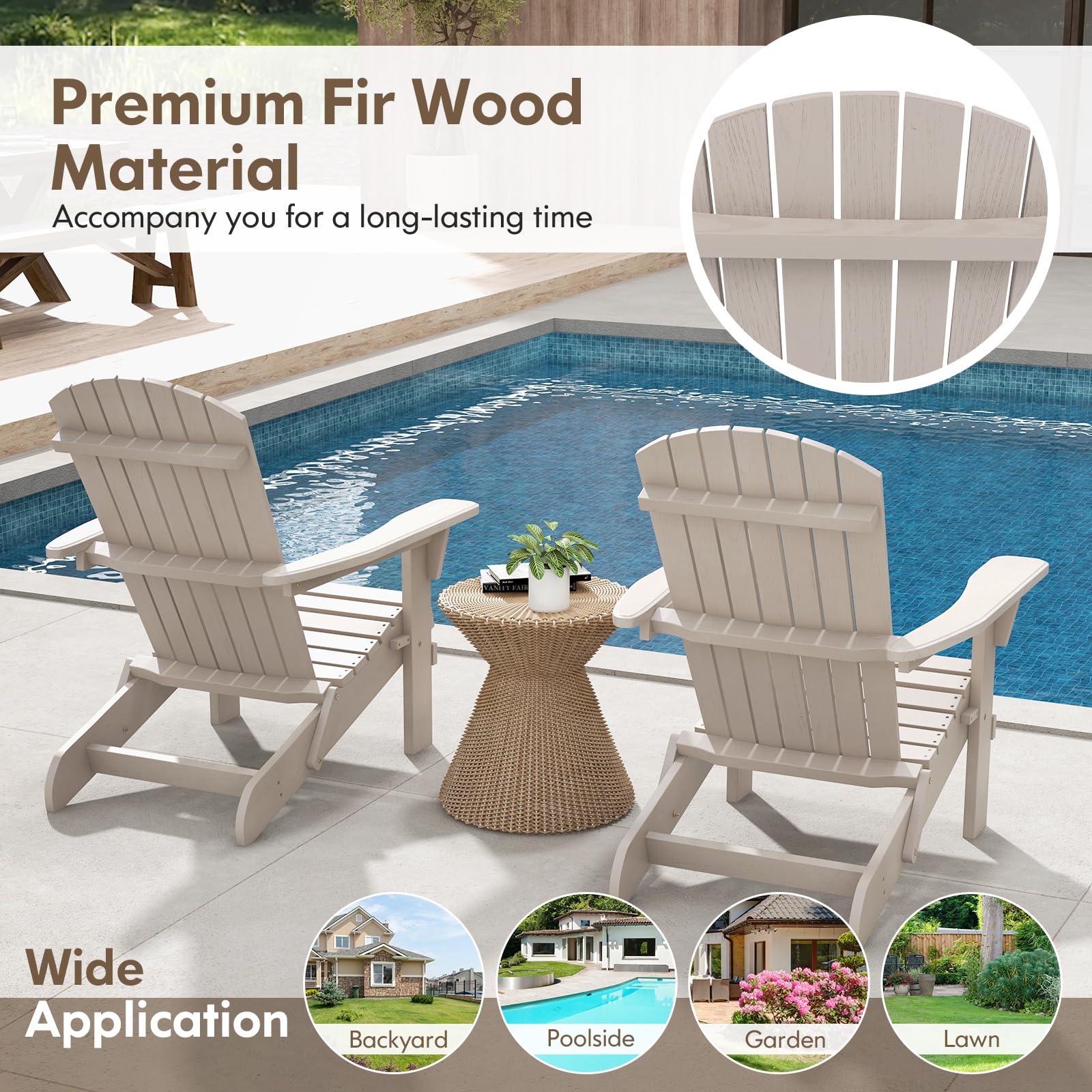 KOMFOTTEU Silla Adirondack Plegable, Silla de Jardín de Madera de Abeto, Silla Tumbona con Respaldo Alto y Reposabrazos, Sillón de Exterior Carga 180 kg para Patio, Terraza, Balcón (Gris x 2)