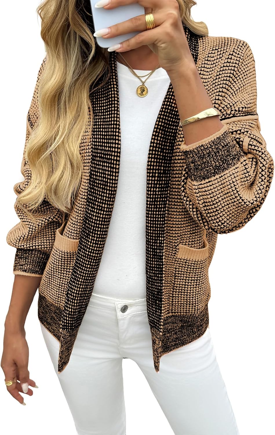 Saodimallsu Womens Open Front Cardigans Long Sleeve Waffle Knit Shawl Collared Fall Trendy Sweater Coats with Pockets