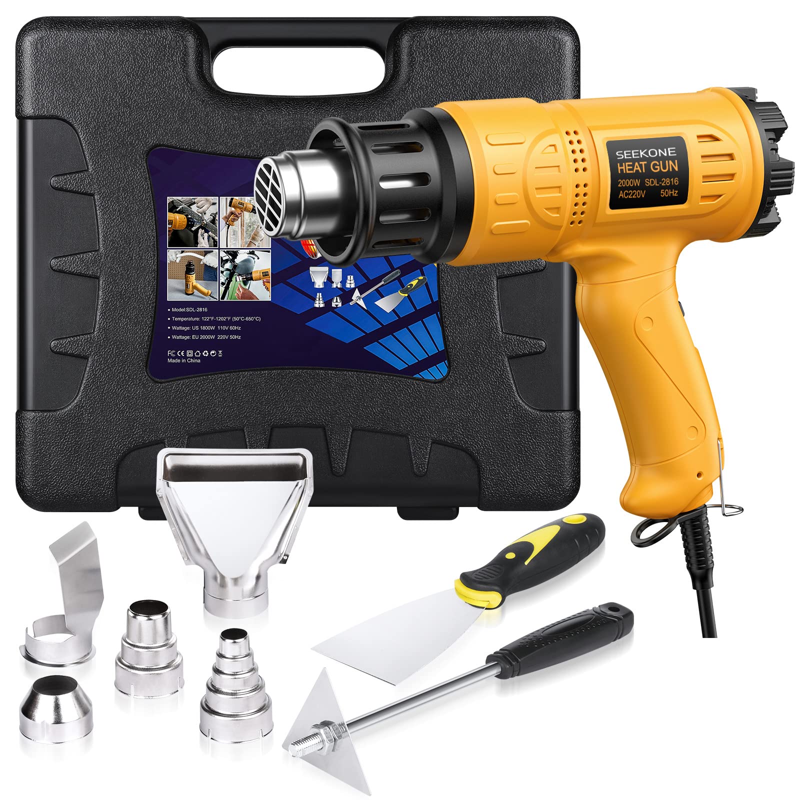 SEEKONE Heißluftpistole 2000W Kit mit Werkzeugkoffer, 50-600°C, 190-500L/min, 5 Düsen, Überlastschutz