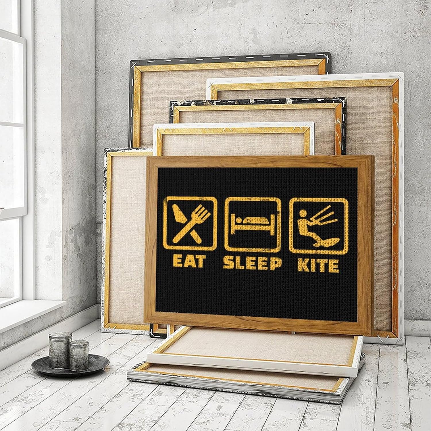 Eat Sleep Kite Repeat Printed Diamond 5D Painting Kit 16x20in DIY Full Drill Craft with Tools for Home Wall Decor Gift Yellow Wood 50 * 40cm