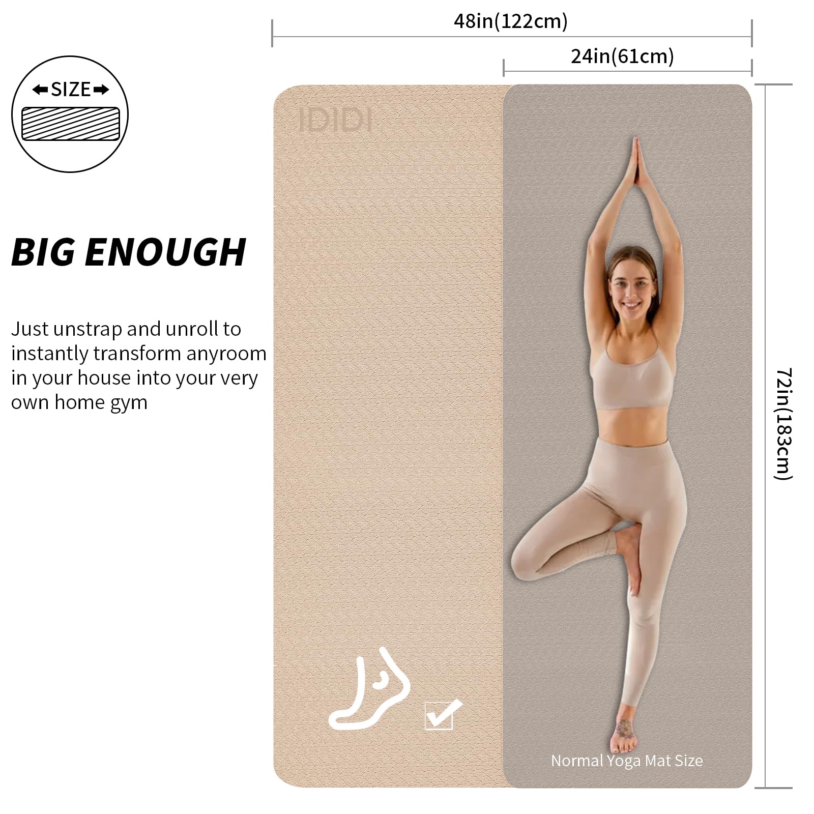 10mm Large Yoga Mat (6'x 4') - Extra Long and Wide 72 x 48 x 0.4 inches, Non-Slip POE Fitness Mat, Eco-Friendly, Thick Wide Exercise Mat for Home Workouts,Ideal for Yoga and Pilates. (Beige+Black)