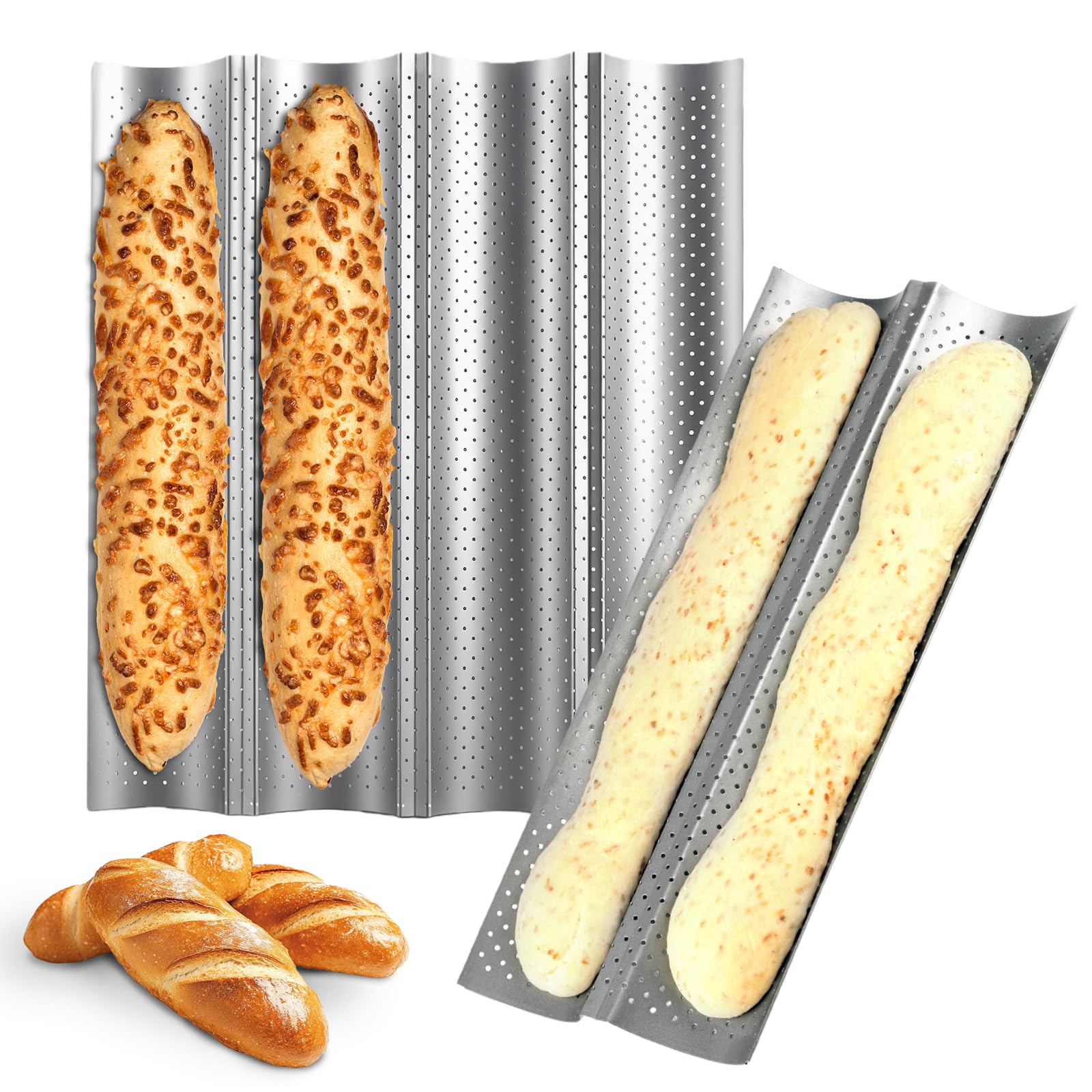 2 Pcs Baguette Baking Tray, Perforated Bread Tin for Baking French Stick Loaf Bakings Molds Pan Baguette Mold NonStick for 4 and 2 Baguettes, Bakings Trays for Oven Non Stick( 15" x 11"/15" x 5.4" )