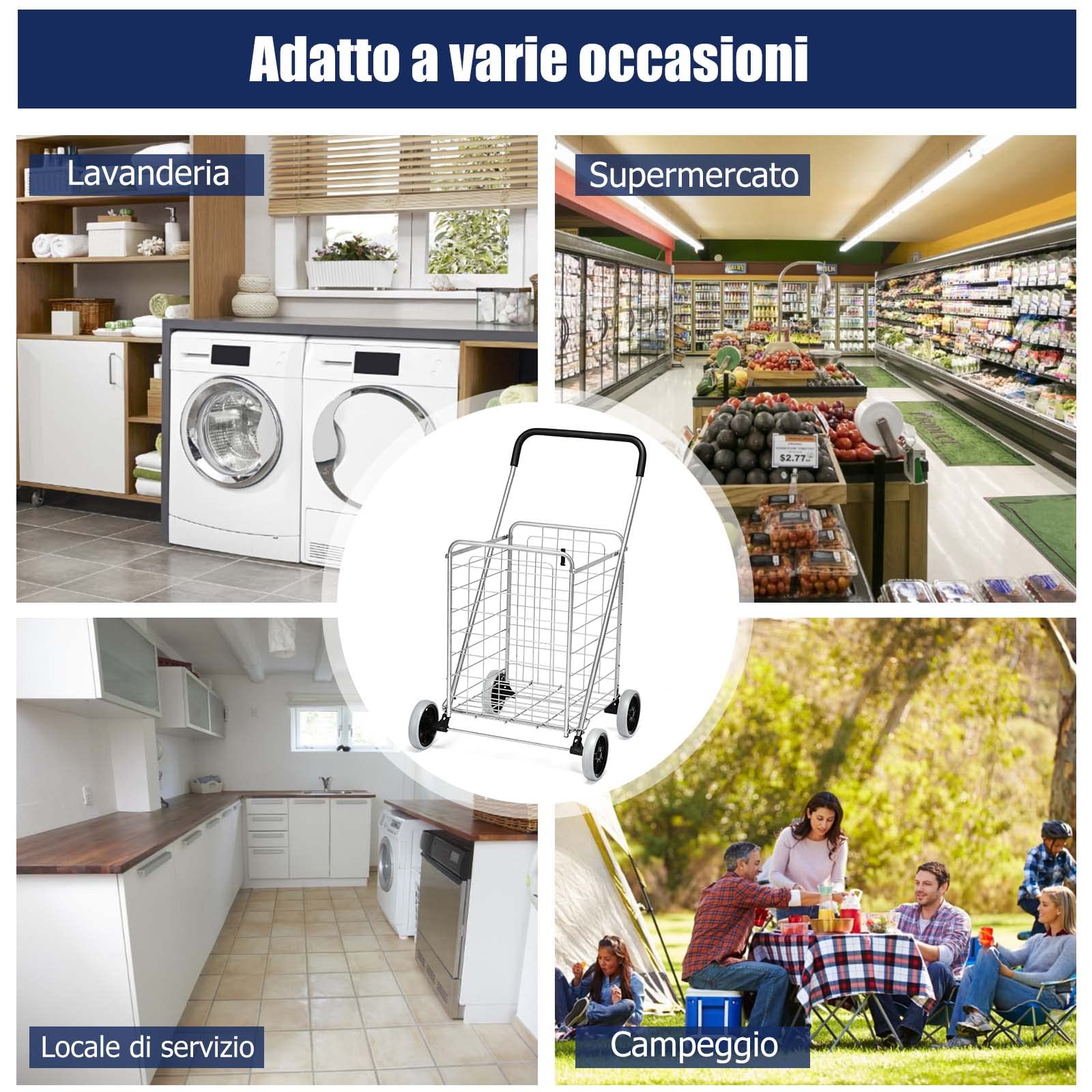 COSTWAY Carrello Portaspesa Pieghevole, Carrello Spesa con Ruote, Capacità di Carico: 45 kg, 83L, 57 x 58 x 91 cm (Argento)