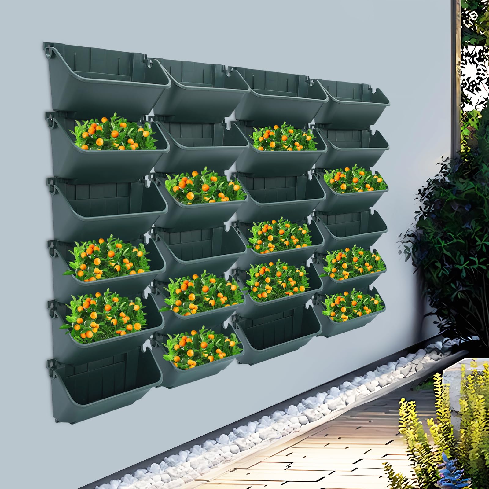 Confezione da 24 vasi da fiori murali verticali con drenaggio e serbatoio d'acqua, sacche da coltivazione sospese per erbe, fiori, verdure, per interni ed esterni (verde esercito)
