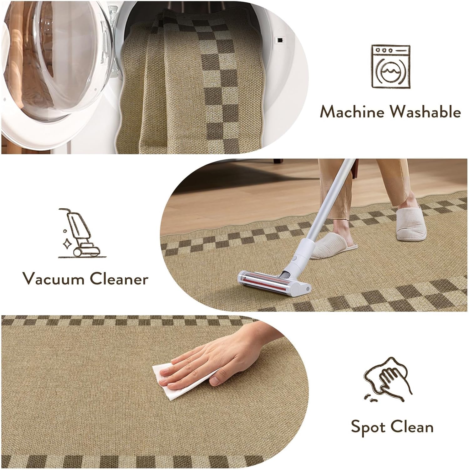 LIVEBOX Easy Jute Checkered Runner Rug for Kitchen, Scalloped Washable 2x6 Tan Rugs for Entryway, Geometric Indoor Outdoor Non Slip Rug Farmhouse Morden Carpet Door Mat Area Rug for Bedroom Hallway - Image 5