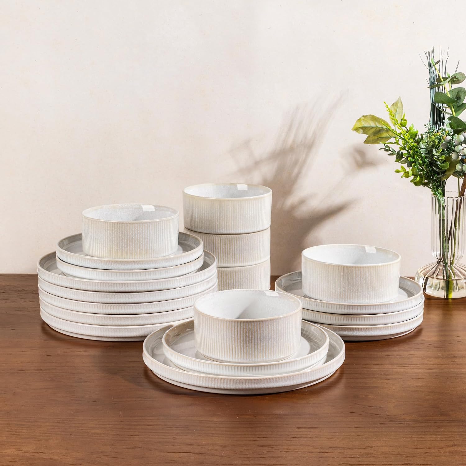 GBHOME Stoneware Dinnerware Sets for 8,Round Reactive Glaze Ceramic Plates and Bowls Set,Highly Scratch Resistant| Dishwasher & Microwave Safe Dishes Set,Service for 8(24Pcs),Sugar White