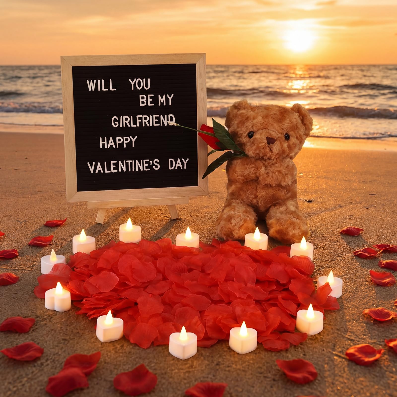 Ceenna Panneau romantique Will You Be My Girlfriend avec bougies LED et pétales de rose artificiels, cadeau animal en peluche avec rose, panneau à lettres en feutre pour la Saint-Valentin (rouge)
