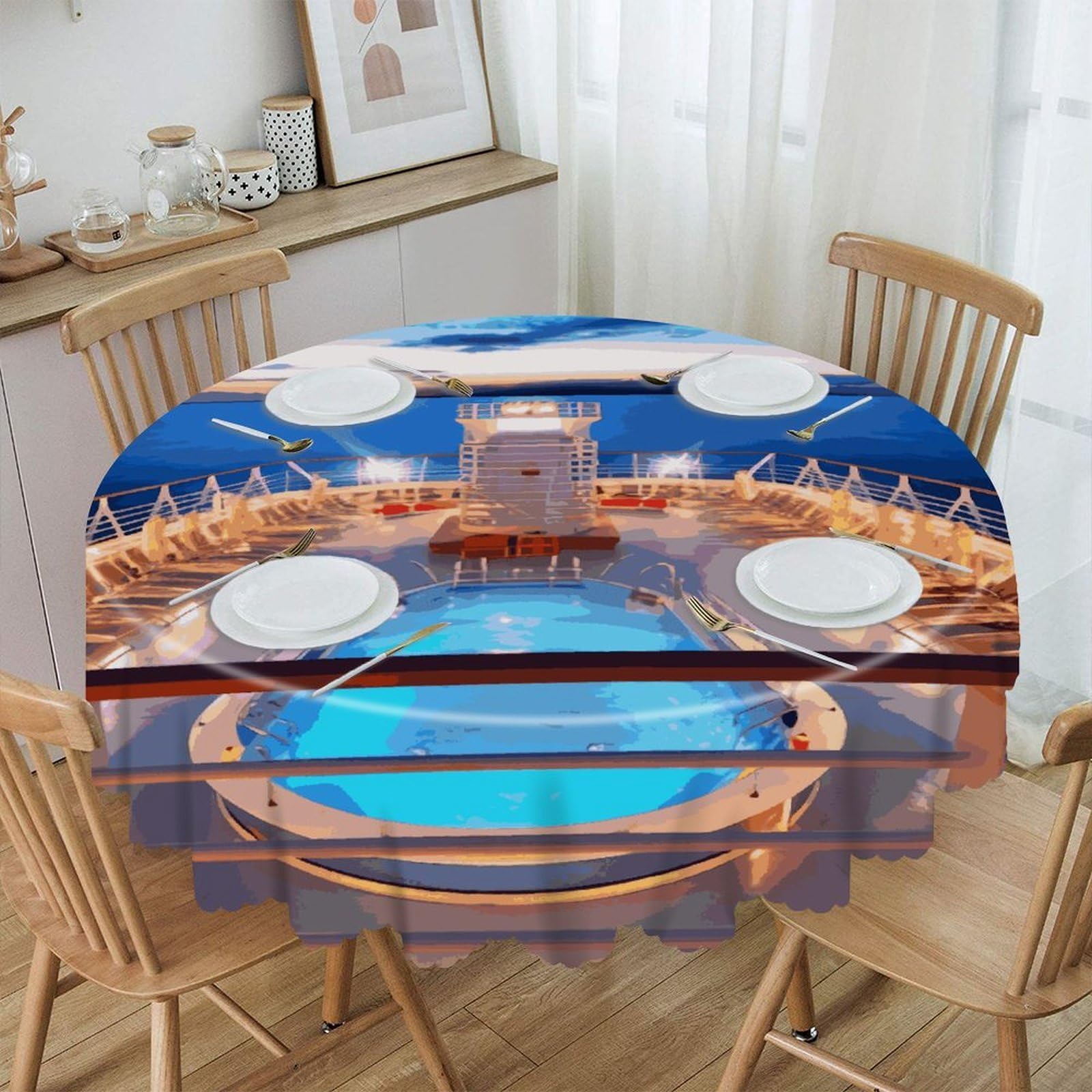 FekiLoot Pool Party Cruise Ship Round Tablecloths 60 Inch Resistant Washable Polyester Table Cloth Style Decorative Circle Fabric Table Cover for Dining Kitchen Party Farmhouse Outdoor