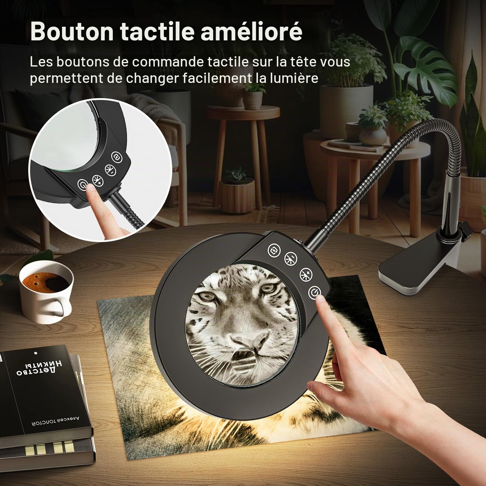 Loupe à Col de Cygne 15X 10X Lampe Loupe de Bureau LED avec Pince et Base 5 Modes de Couleurs