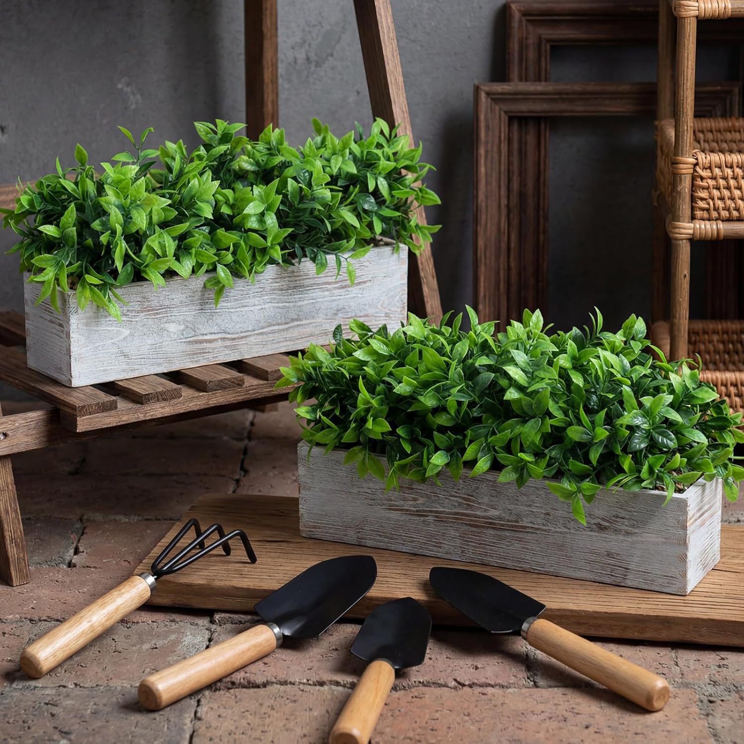 Lyrow 4 Pack Artificial Eucalyptus Plants in Rectangular Rustic Wooden Planter Box Faux Potted Herb Plant Greenery Centerpiece for Cabinet Windowsill Table Shelf Wedding Farmhouse Decor (White,16 '')