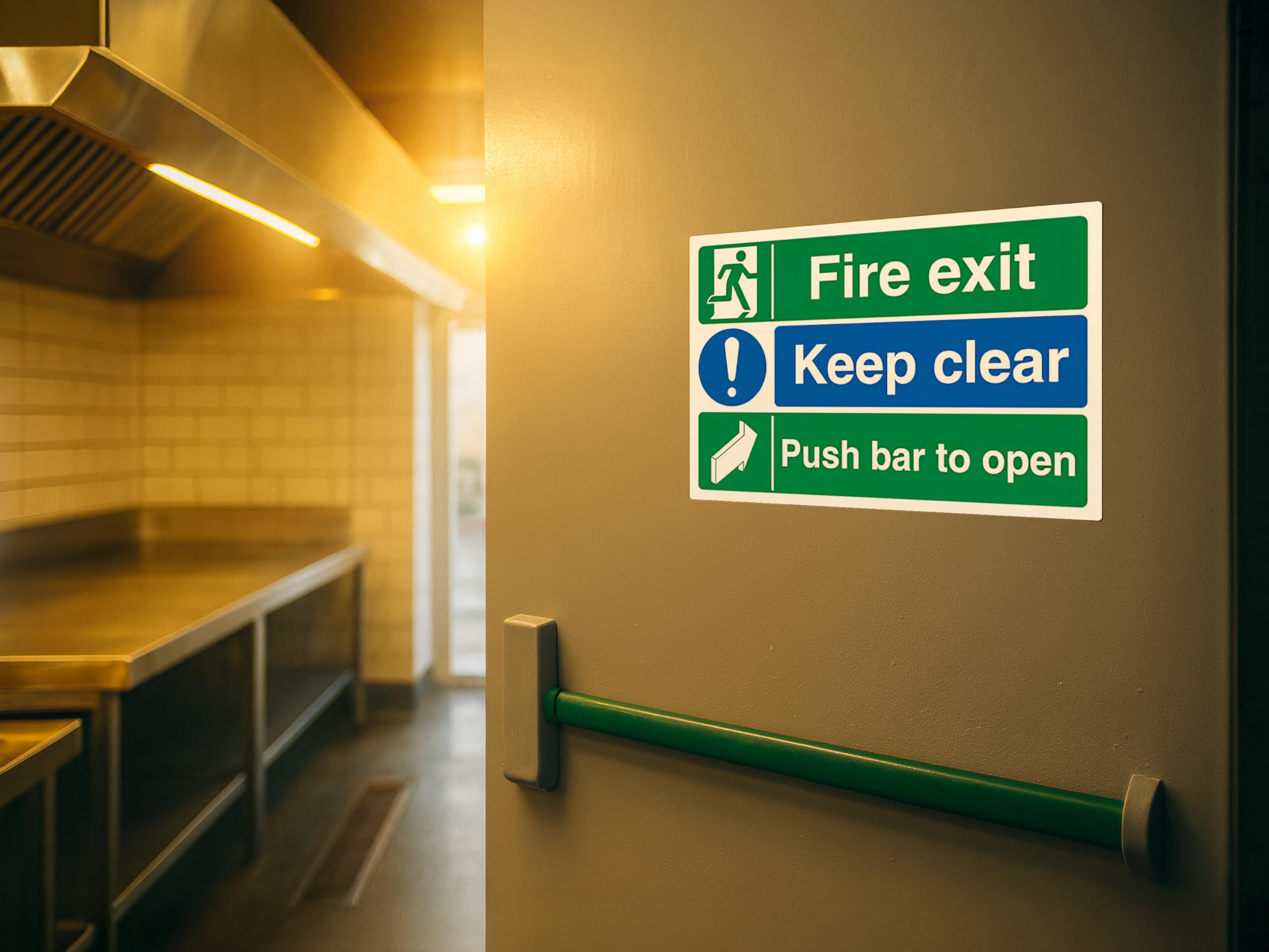 The Workplace Depot Fire Exit ‘Push Bar to Open’ Safety Sign – 200x300mm Rigid PVC/Self-Adhesive Vinyl, Landscape Door Header – Offices, Warehouses & Schools (PVC (Rigid) Pack of 10)