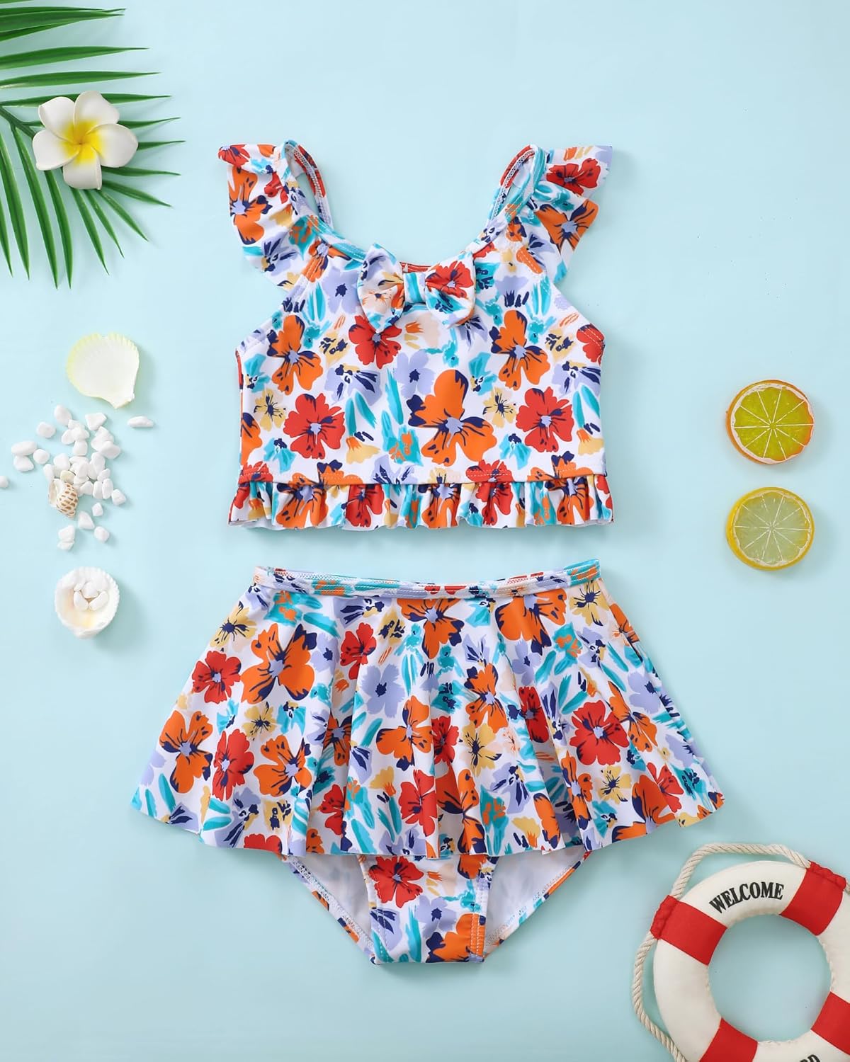 SAEABY Girls 2 Piece Tankini Swimsuit Bathing Suit Adjustable Straps Ruffled Floral Summer Girls' Swimwear for 3-8 Years - Image 2