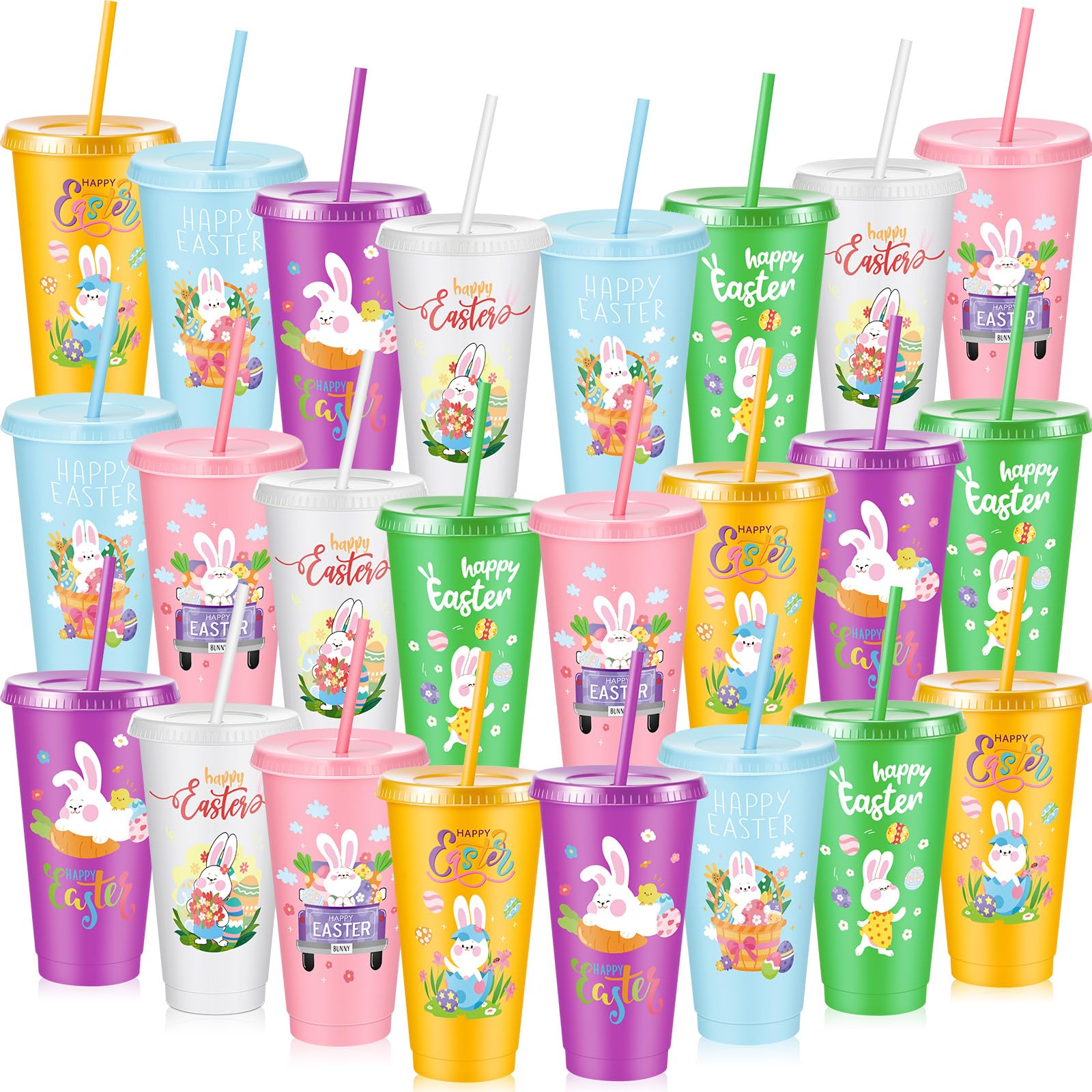 Uiifan Lot de 24 gobelets réutilisables en plastique avec couvercle et paille pour fête de Pâques – Gobelets réutilisables pour décoration de fête de Pâques (classique)