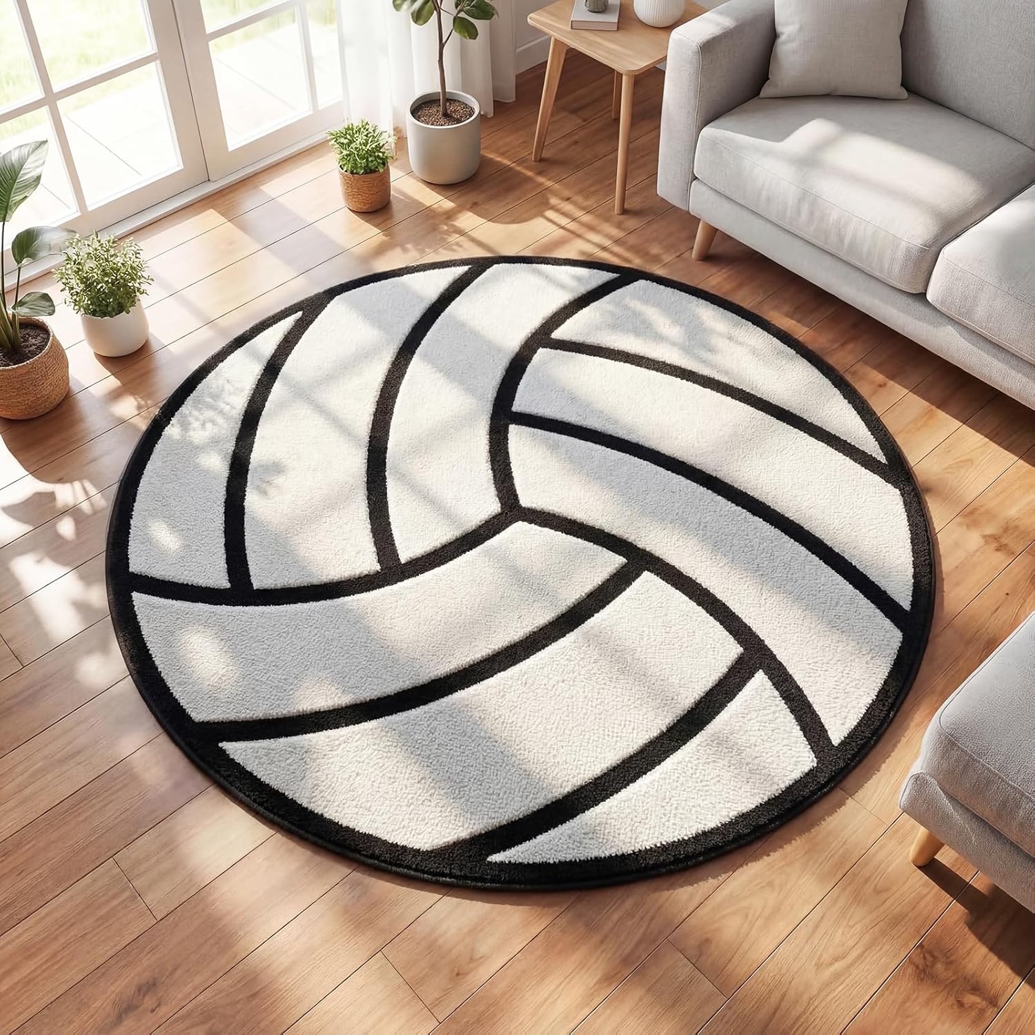 Dunzy 4ft Round Volleyball Rug for Teens Adults Soft Washable Rugs with Non Slip Backing Soft Sports Themed Round Area Blanket for Bedroom Living Room and Playroom Decor Gift