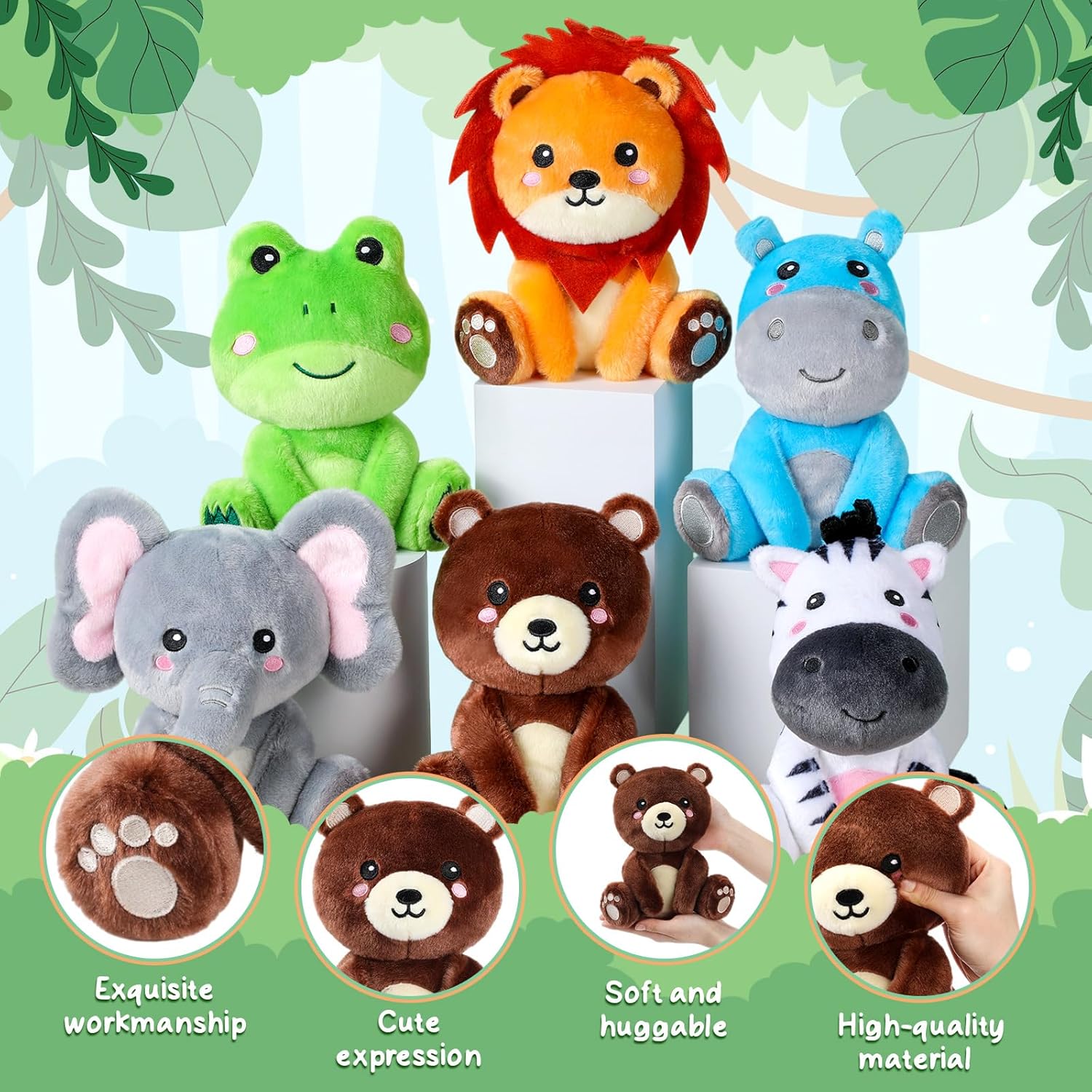 6 Pcs Forest Animals Toys 7 Inch Zebra Lion Hippo Bear Elephant Frog Large Stuffed Animals Bulk for Woodland Baby Showers Party Decor Birthday Gifts Classroom Teacher Student Awards