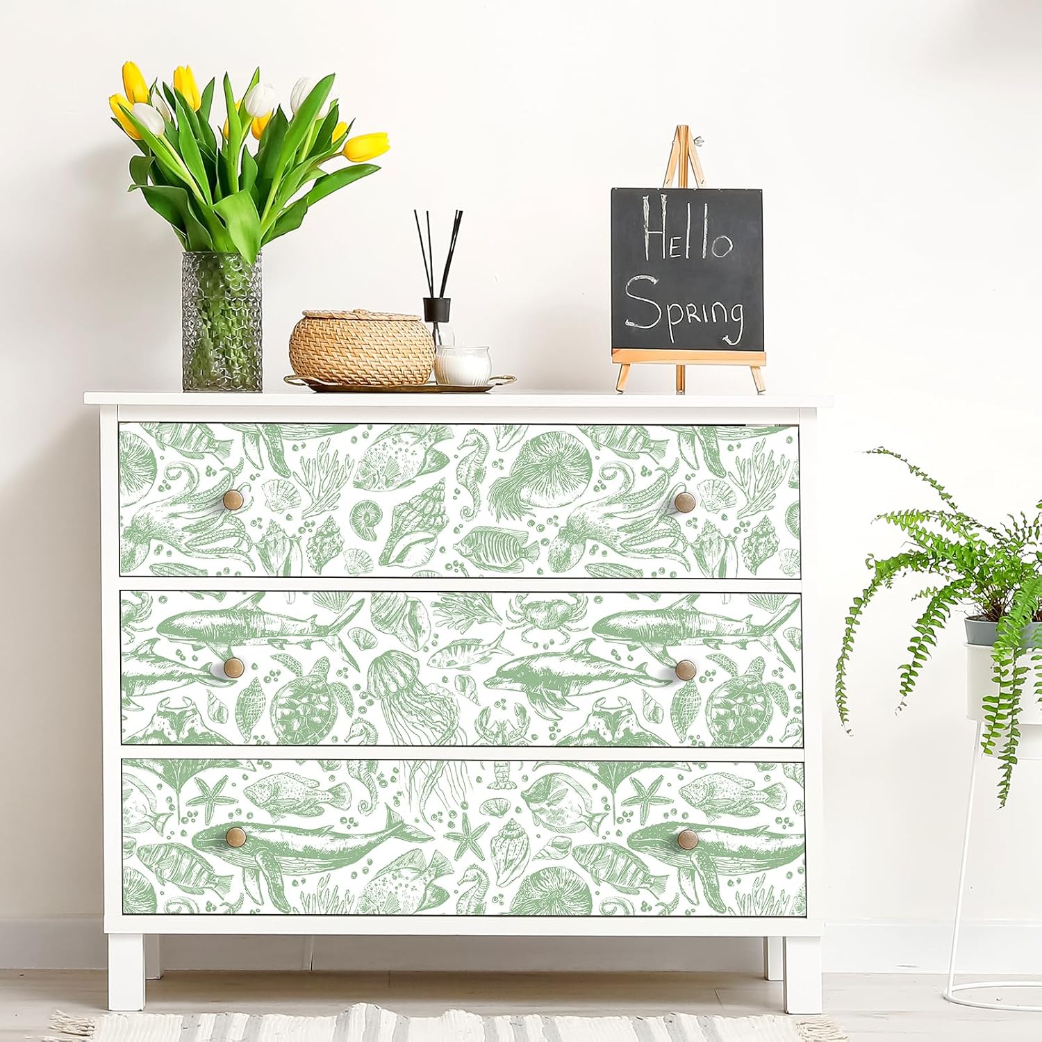 Livelynine 17.5x276" Coastal Peel and Stick Wallpaper Green Contact Paper Beach Nautical Ocean Renter Friendly Whale Shark Sage Green Wallpaper for Bathroom Walls Kids Pastel Sea Life Nursery Mural