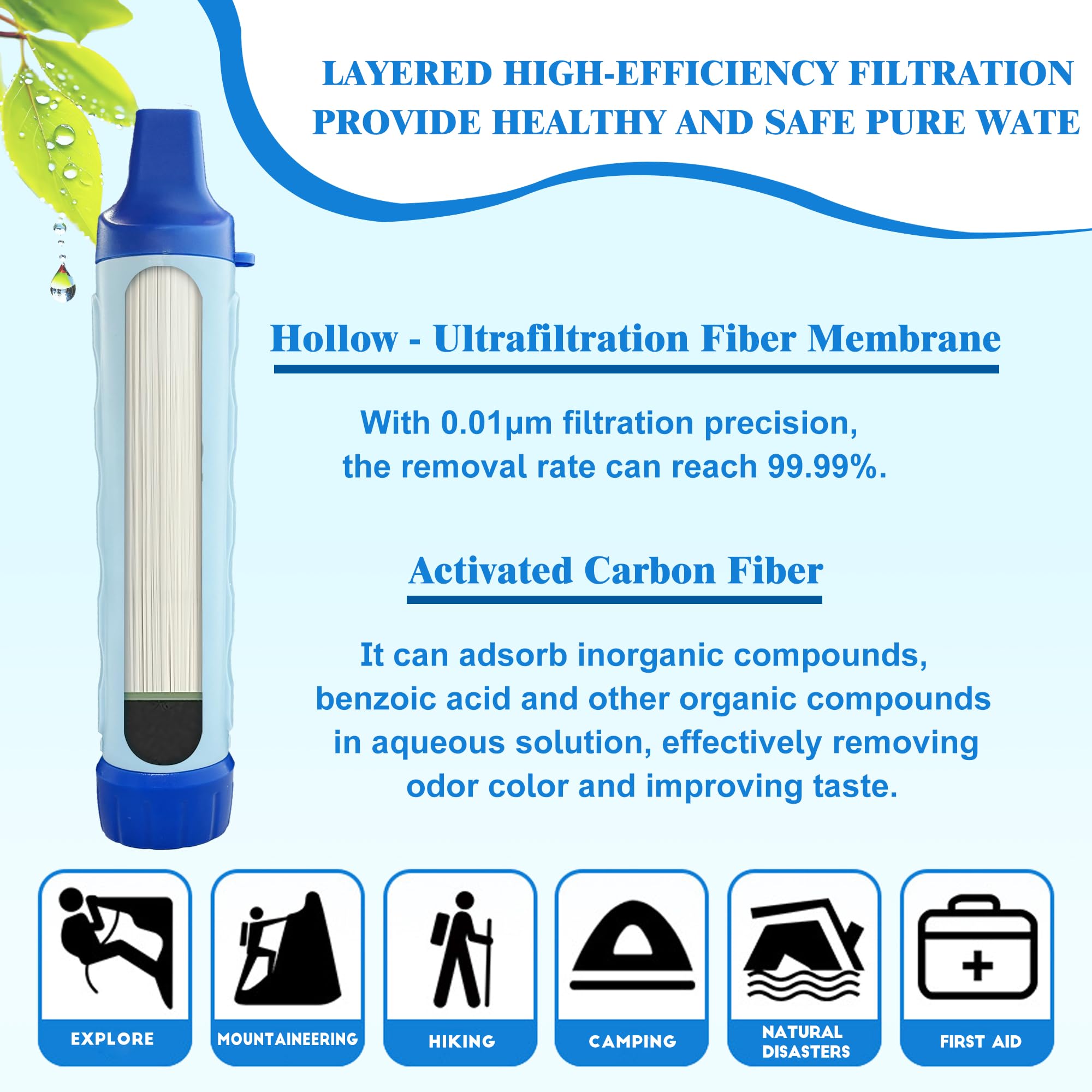 Système de filtration d'eau par gravité, sac de 3 l avec paille filtrante, filtre à fibre creuse et filtre à charbon, pour camping et urgence