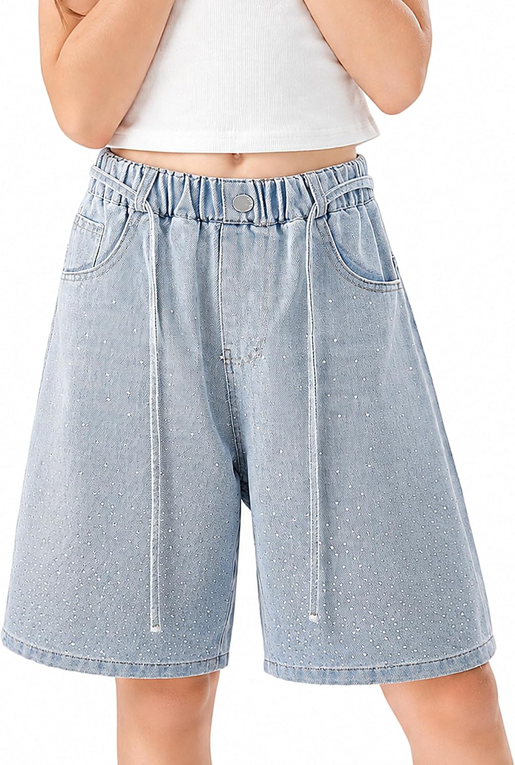 Rolanko Girls Denim Shorts Wide Leg Jean Short Knee Length Baggy Jorts Y2k for Kids School Daily Holiday Streerwear Age 7-14