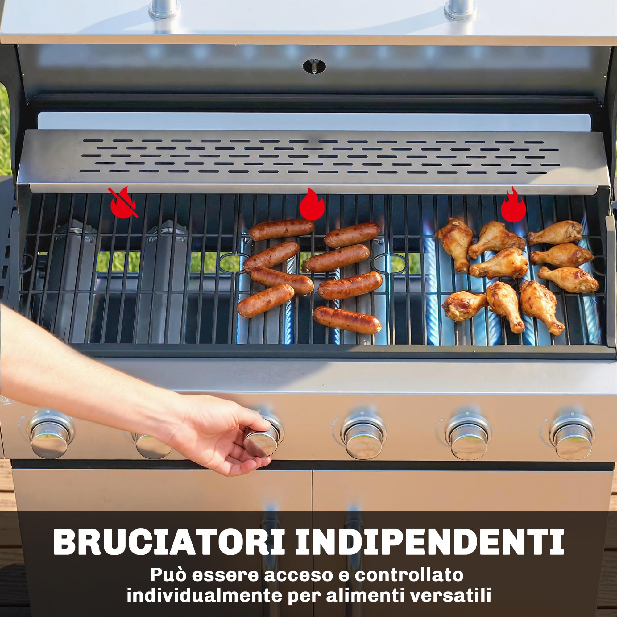Outsunny Barbecue a Gas con 6+1 Bruciatori da 18.6 KW, BBQ a Gas Propano Portatile con Griglia, Ripiani, Coperchio, Termometro, Ruote, per Giardino Esterno, Nero Argento