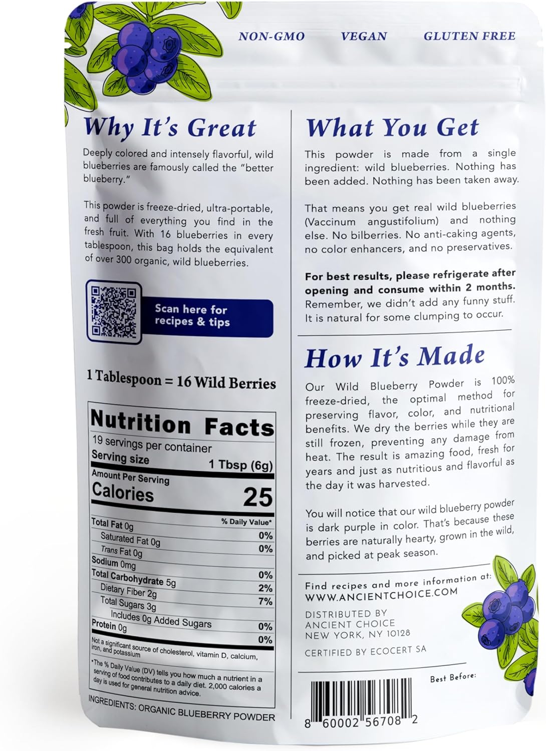 Ancient Choice - Wild Blueberry Powder (4 ounces) | USDA Organic | Freeze Dried | Non-GMO | Sourced From Pristine Countryside | Vegan Superfood | Vegetarian | Smoothie | Baking | Fiber | Prebiotic - Image 2