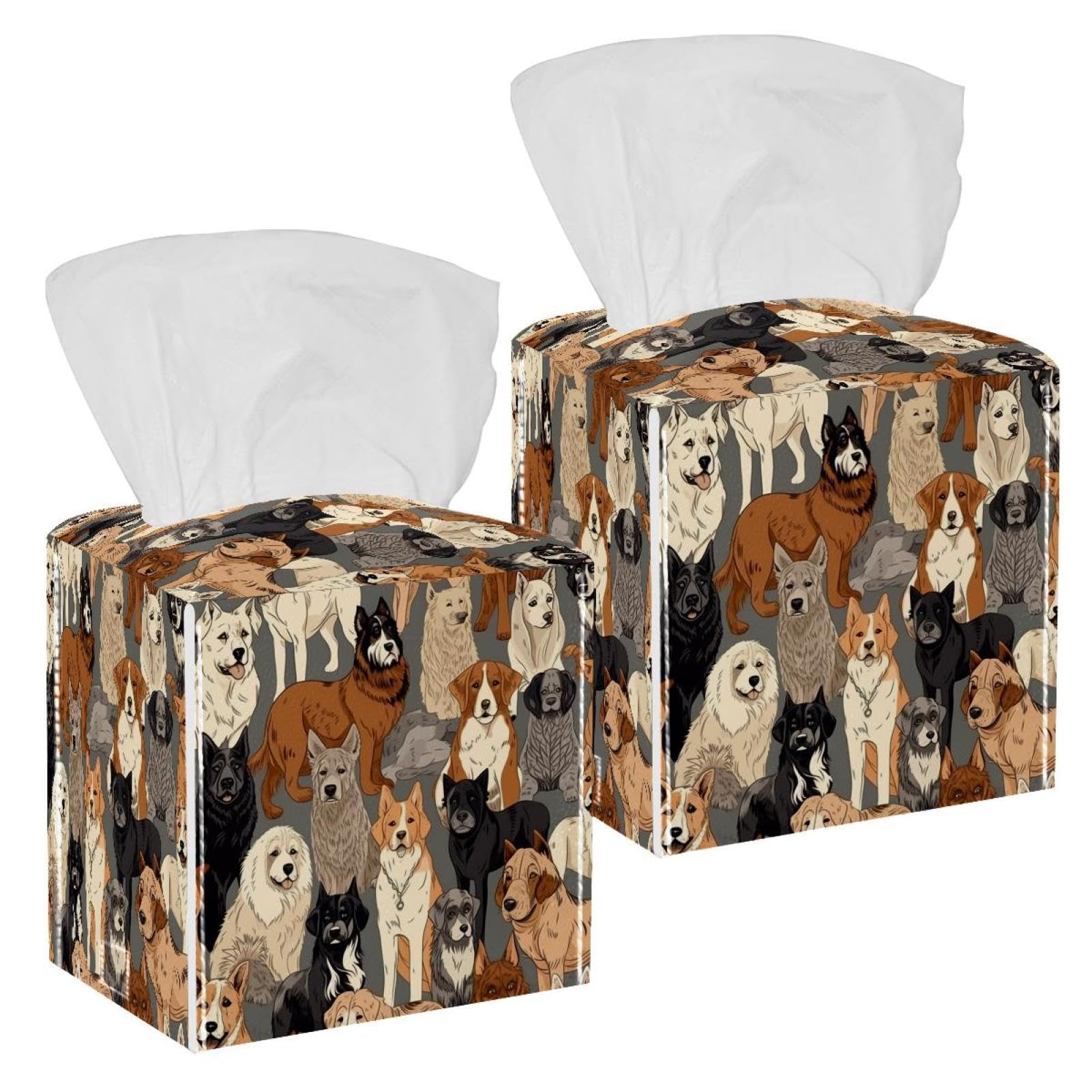 Different Dogs Tissue Box Cover, 2 Pack PU Leather Square Facial Tissue Dispenser Box holder for Home Office Car