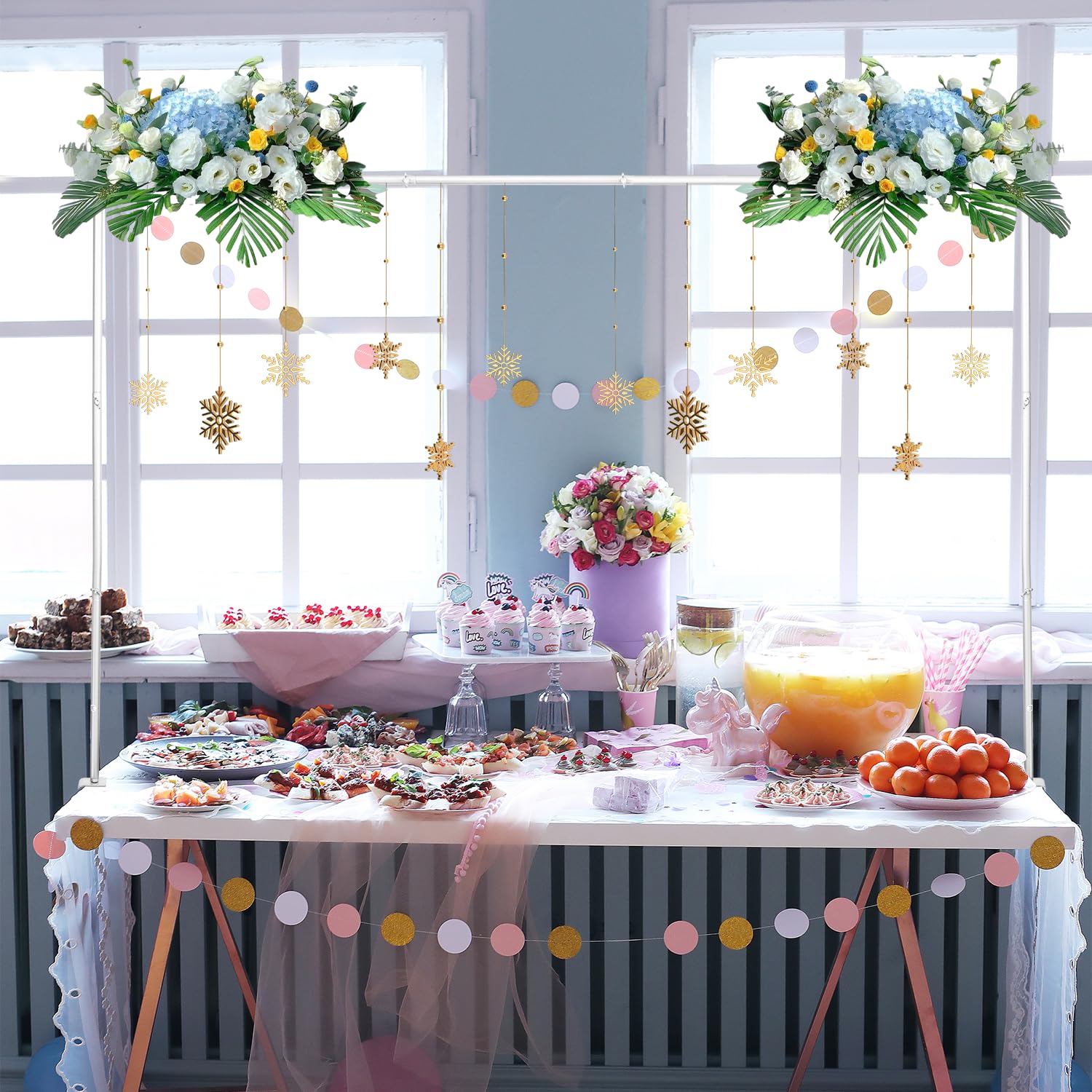 QCBF Soporte Para Barra De Mesa Con Abrazaderas De 35 A 47 Pulgadas De Alto, 47-84 Pulgadas De Largo, Arco De Mesa Ajustable De Metal Para Boda, Fiesta De Cumpleaños, Aniversario