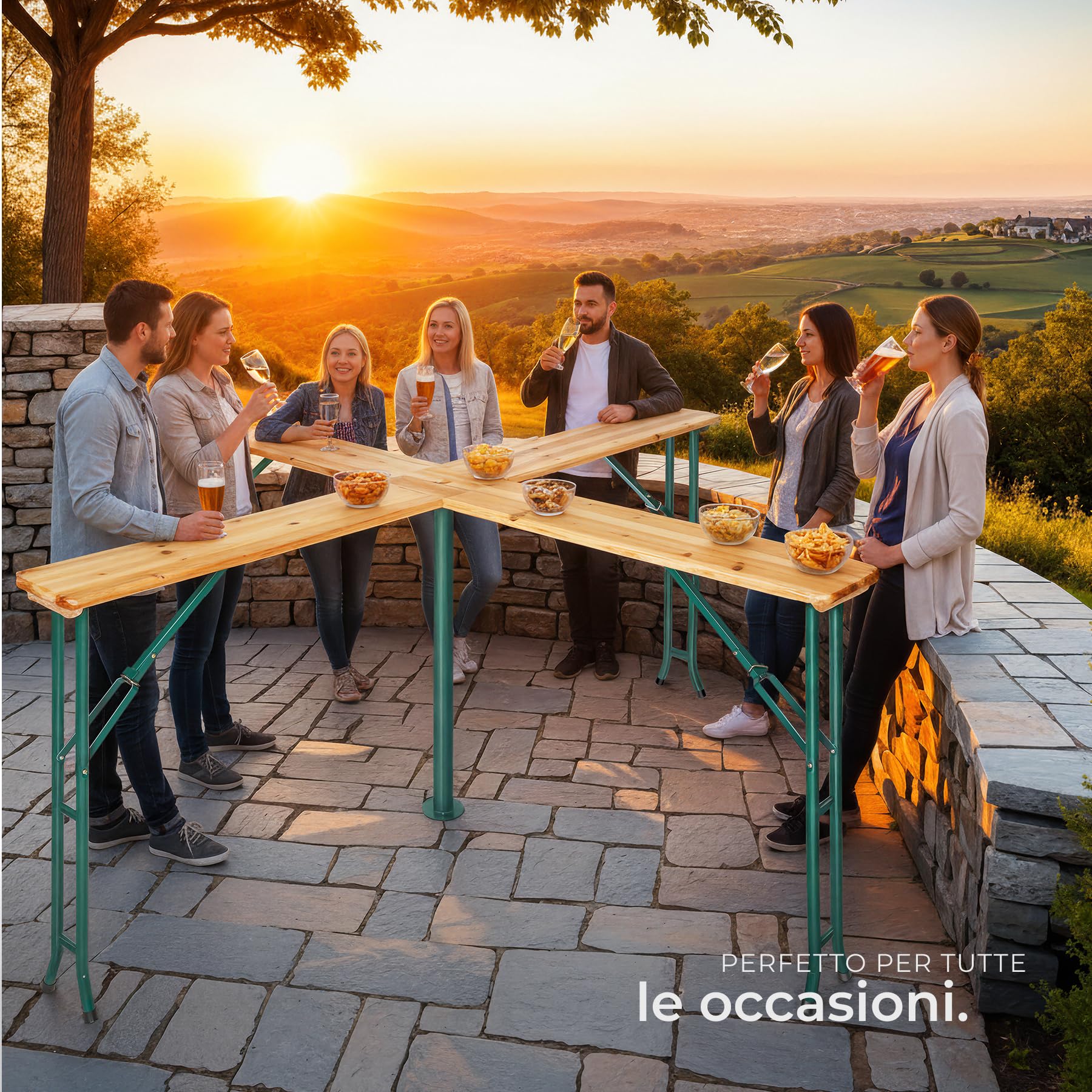 tectake® Set da Birreria con 4 Piani, Tavolo Pieghevole da Esterno, Ideale per Bar, Giardino, Balcone, Resistente alle Intemperie, Supporto per Ombrellone Incluso - 241 x 241 x 103 cm
