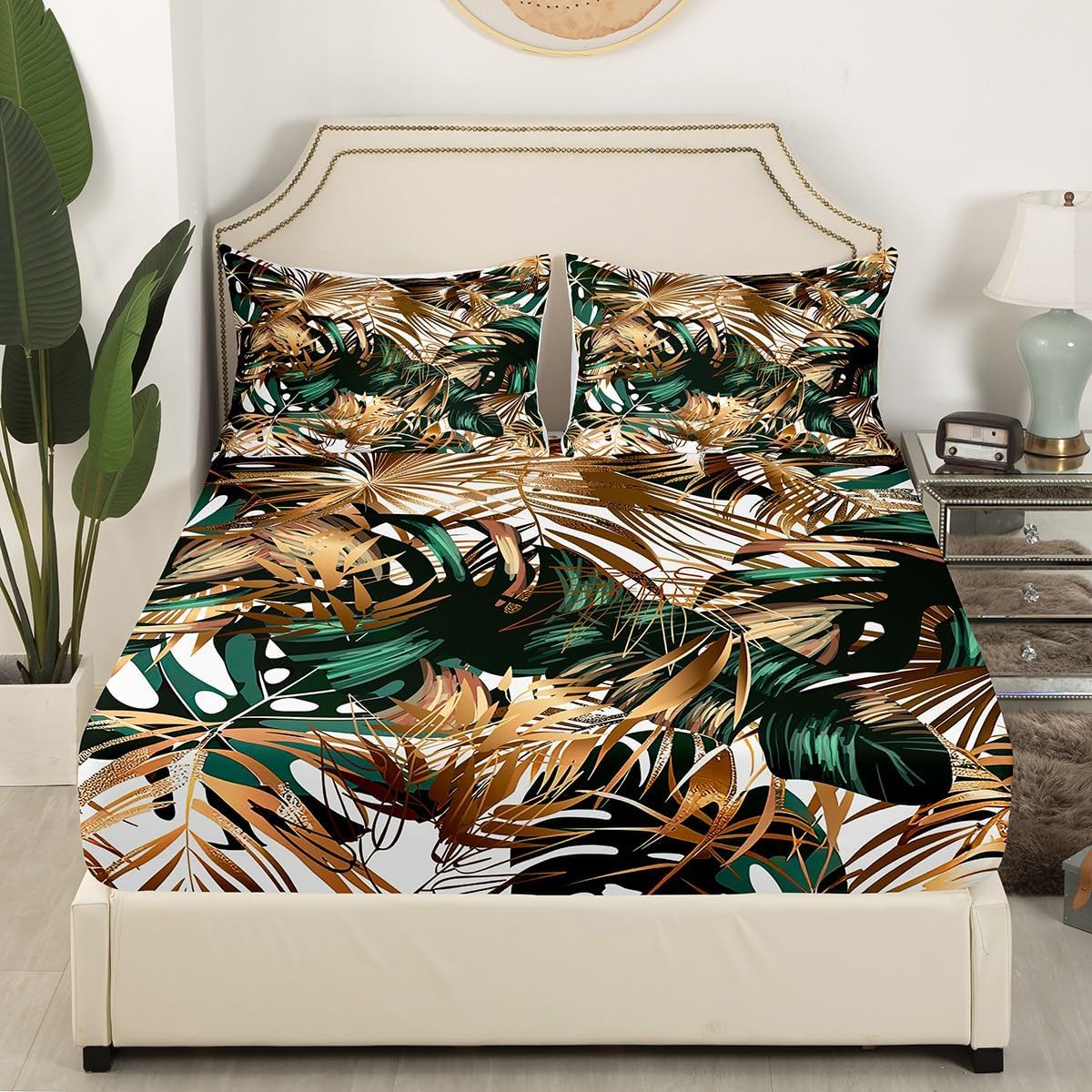 Erosebridal Palm Tree Leaves Bed Sheets Queen Tropical Botanical Bedding Set Hawaiian Monstera Banana Leaf Fitted Sheet Summer Retro Plant Fitted Bed Sheet Gold Green Rainforest Room Decor