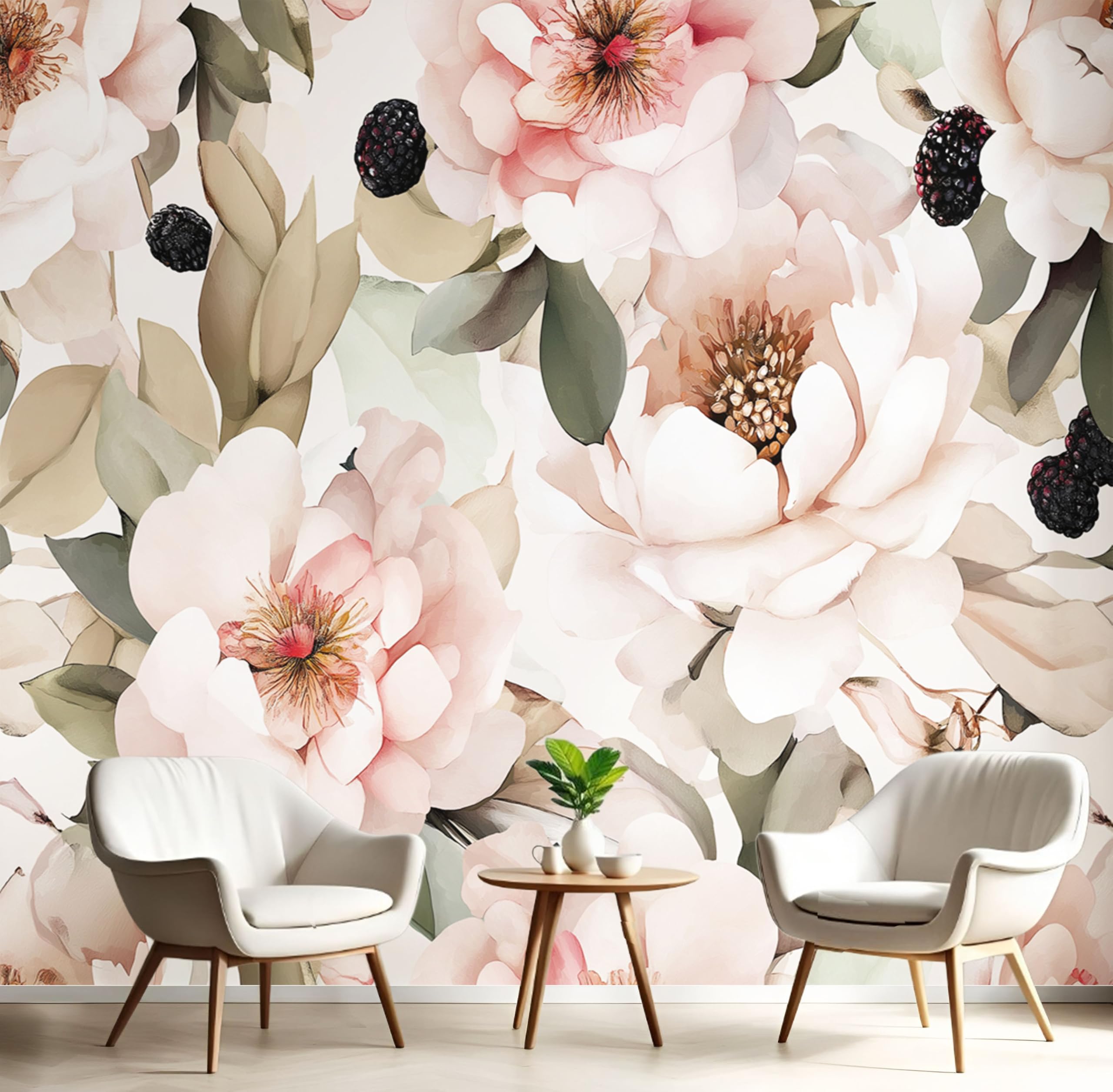 Papier peint pivoine aquarelle pour transformer un mur blanc de restaurant