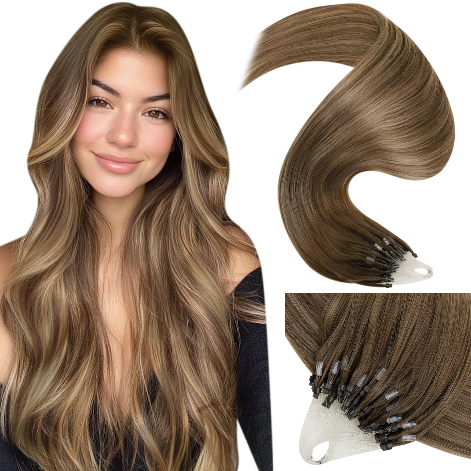 LaaVoo Microring Extensions Echthaar Braun Balayage Micro Ring Echthaar Extensions Hellbraun Ombre Goldblond Micro Loop Hair Extensions Pre Bonded #8/16/8 55 cm 50g 1g/s
