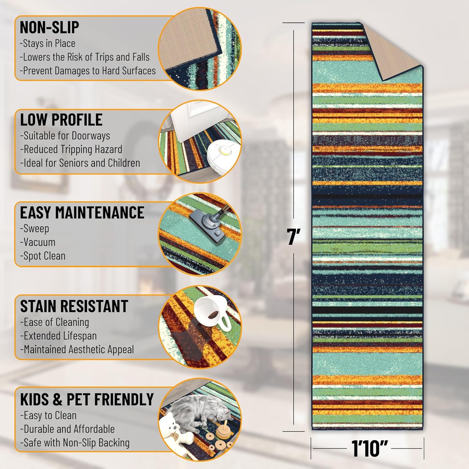 Ottomanson Hallway Runner Rug 1'10" x 7' Non Slip Striped Area Rugs Easy to Clean Laundry Rug Runner Durable & Pet Friendly Floor Carpet Runners for Hallways Entryway Living Room Kitchen, Multicolor