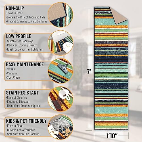 Miniatura 2 de Alfombra tradicional lavable a máquina, diseño de rayas vintage, antideslizante, 2 x 7 pies, para pasillo, cocina, dormitorio, sala de estar, 1 pies