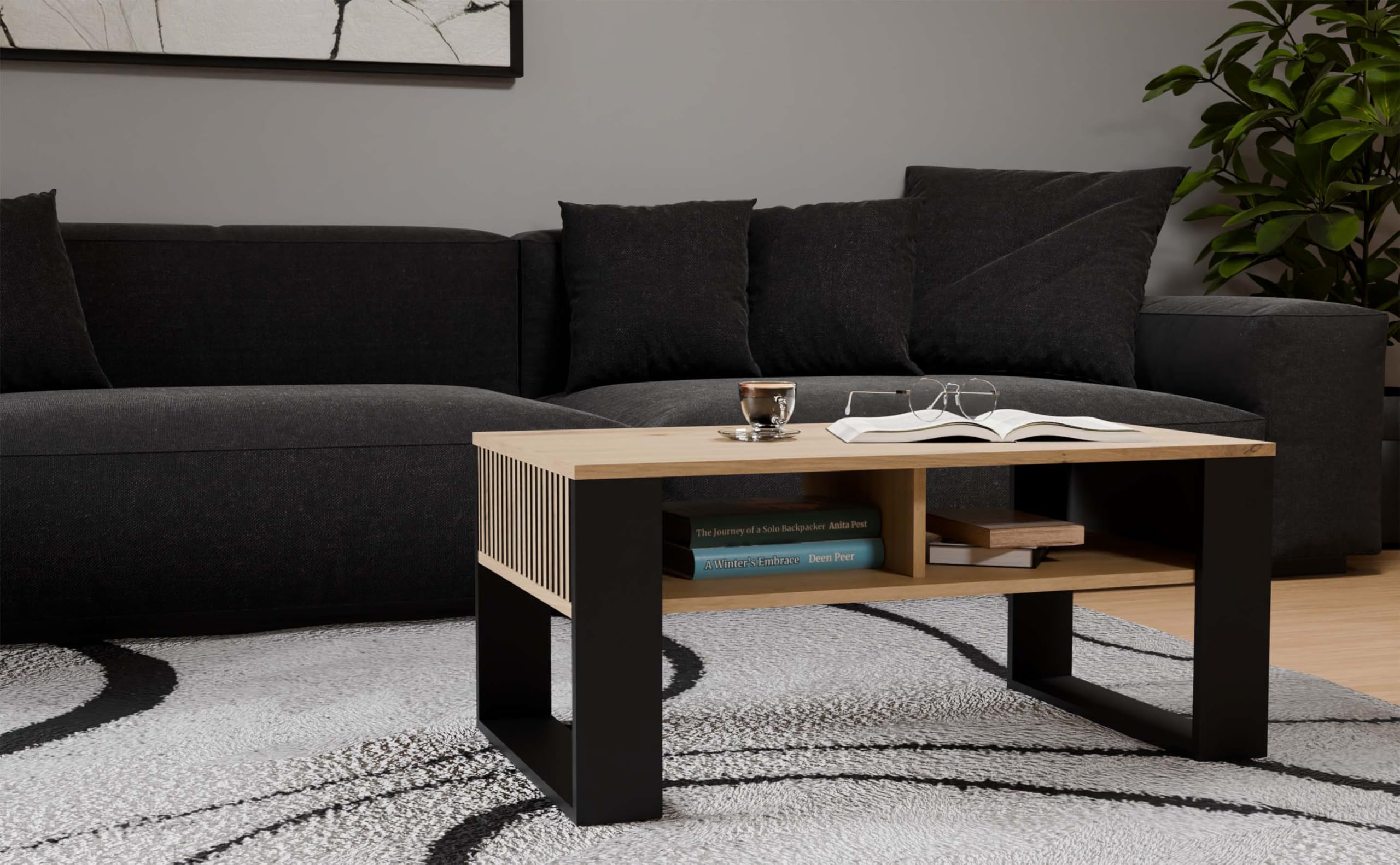CDF Moderner Couchtisch mit Lamellen-Optik Wohnzimmertisch mit 2 Ablagen, Loft Beistelltisch Kaffeetisch Geriffelt & Kratzfest, 90 x 58 x 50 cm - Eiche Artisan/Schwarz
