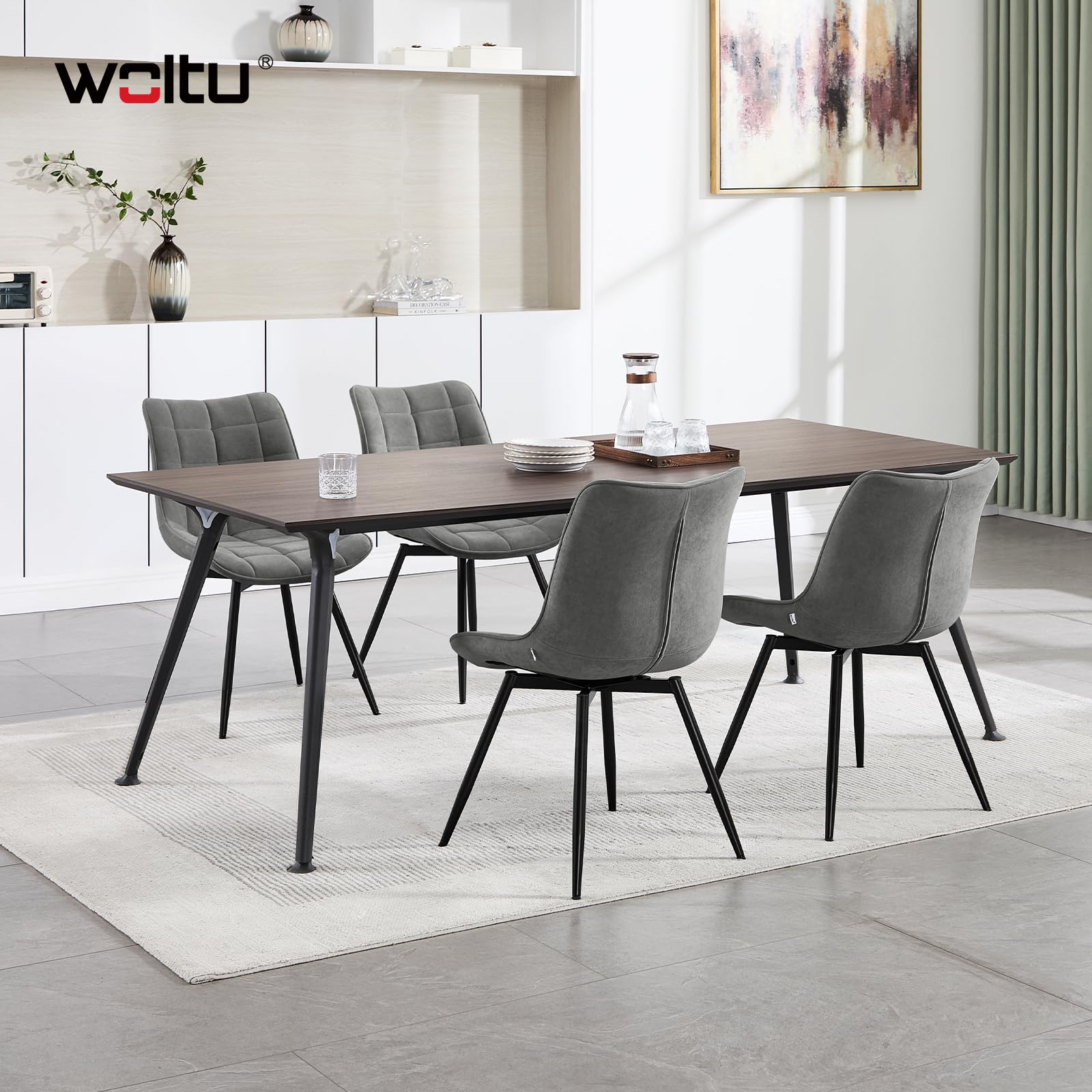 WOLTU Sedie da Pranzo Girevole Set di 4, Sedie da Cucina, con Sedile Imbottito, Schienale Alto, Gambe in Metallo, Tessuto in Velluto, Grigio Scuro