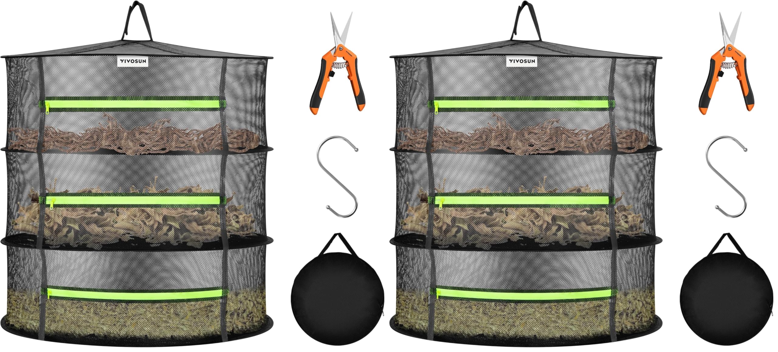 VIVOSUN 3-Layer Mesh Drying Rack Hanging Design with Green Zippers for Dehydrating, Indoor and Outdoor Pruning Shears Included (Pack of 2)