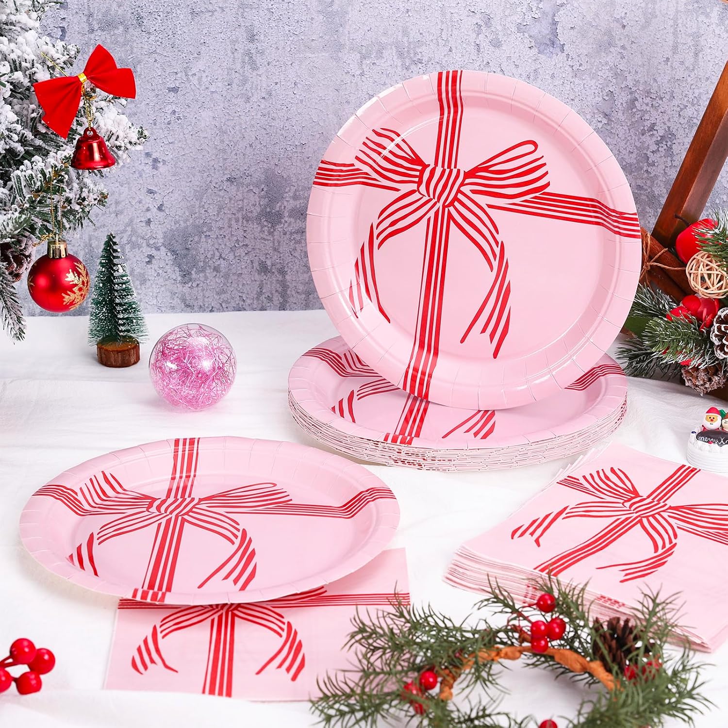 Whaline Valentine' s Day Red Bow Tableware Set Serves 24 Guests Pink Paper Plates with Luncheon Napkin for Party Birthday Baby Shower Table Decor Supplies - Image 5