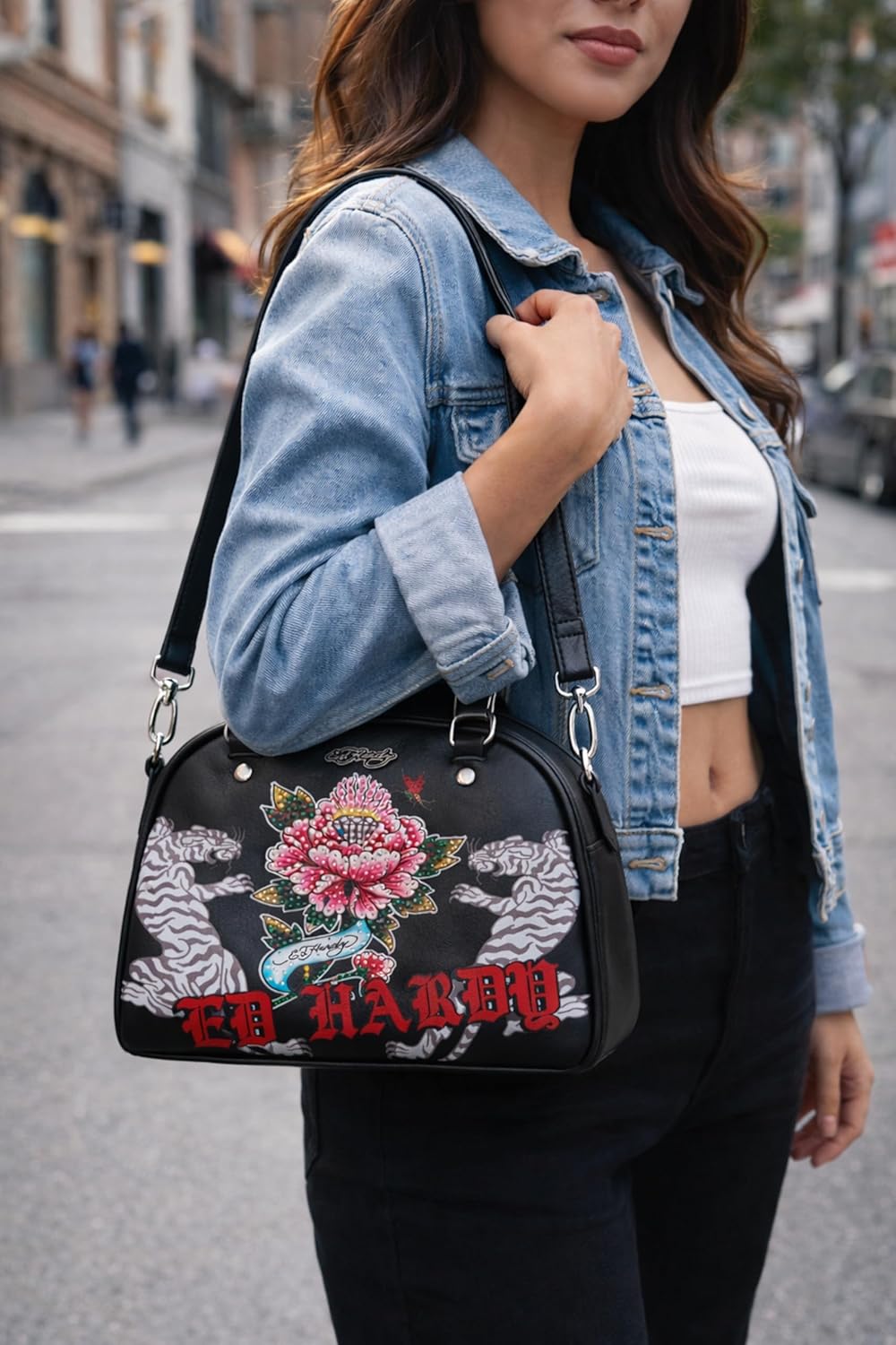 ED HARDY Women’s Dome Satchel Handbag with Tiger Graphic, Floral Tattoo Print Shoulder Purse, Structured Top Handle Crossbody Bag (Black)