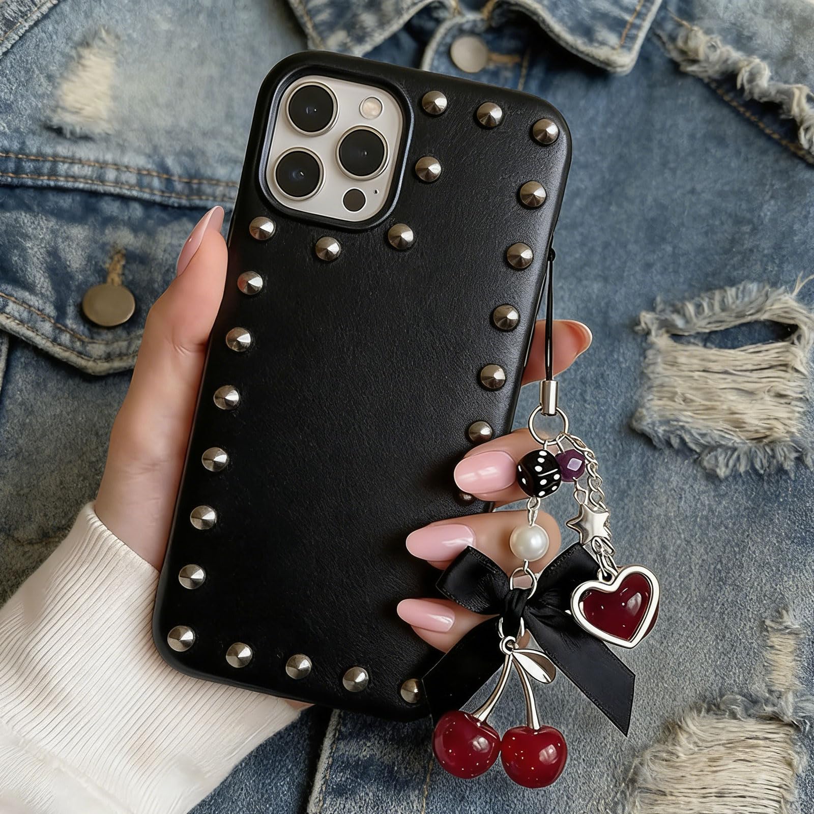 Kurze Handykette avec Charme Cerise – Breloque de téléphone Mignon en Noir comme chaîne Courte décorative pour Smartphone et clés
