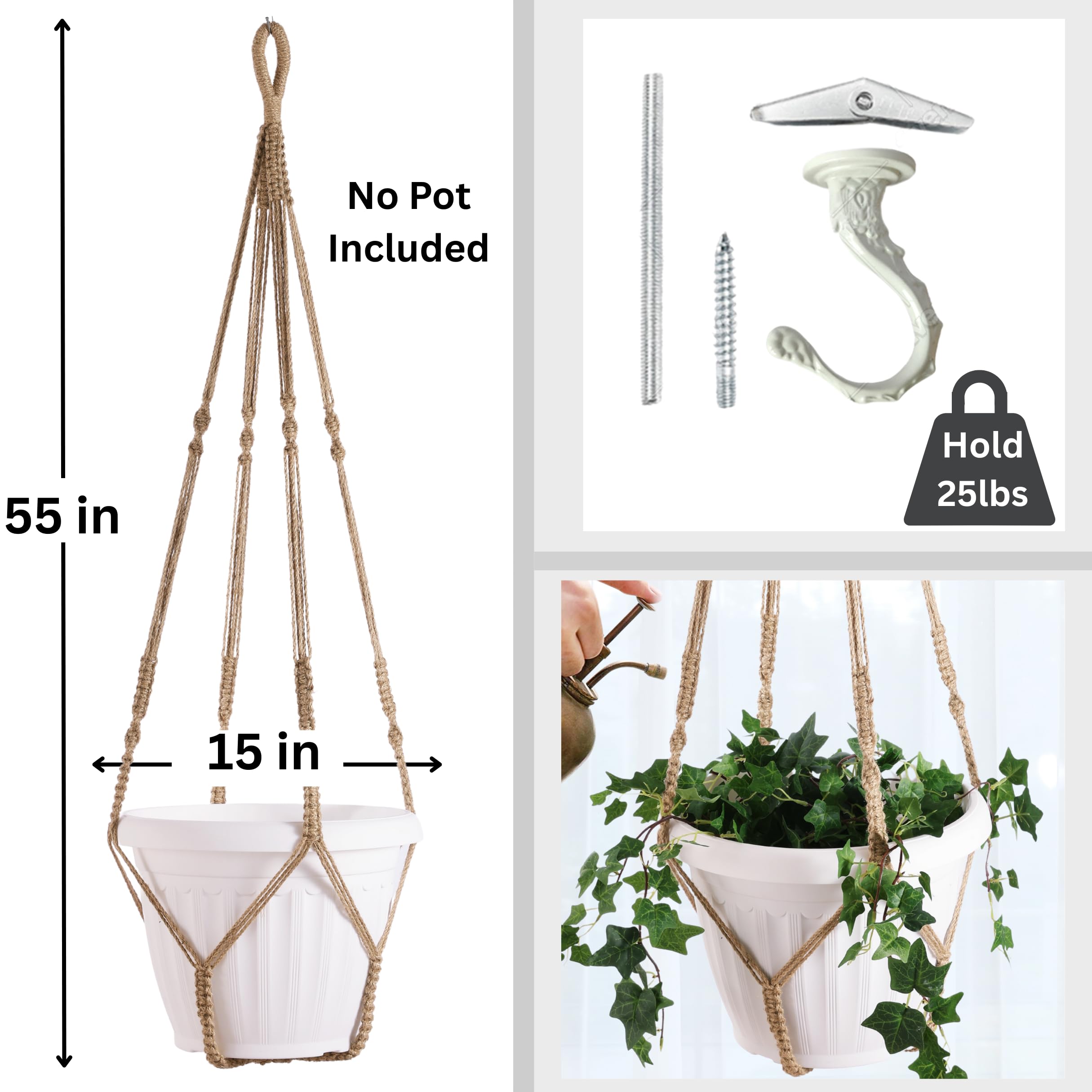 Lot de 2 suspensions géantes XXL de 140 cm en macramé pour pot de 38,1 cm + crochet pour plantes d'intérieur | Pot/plante non inclus (jute XXL)