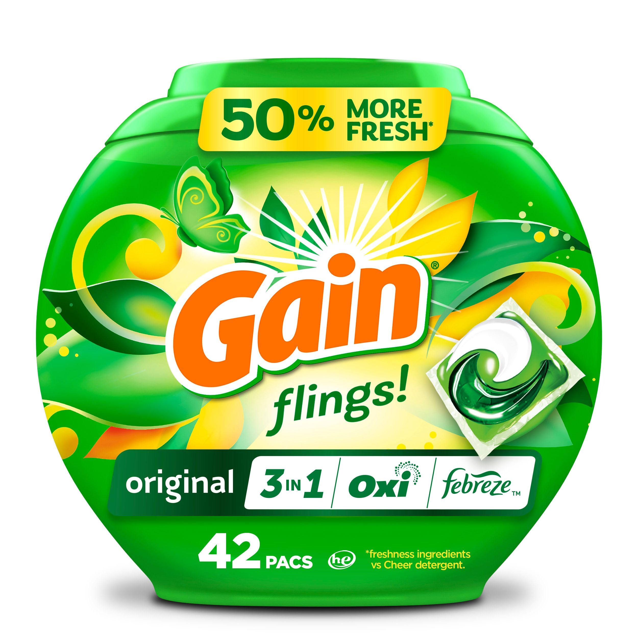 Gain Flings Laundry Detergent Pacs, 42 Count, Original Scent, with Odor Defense, concentrated laundry soap pacs